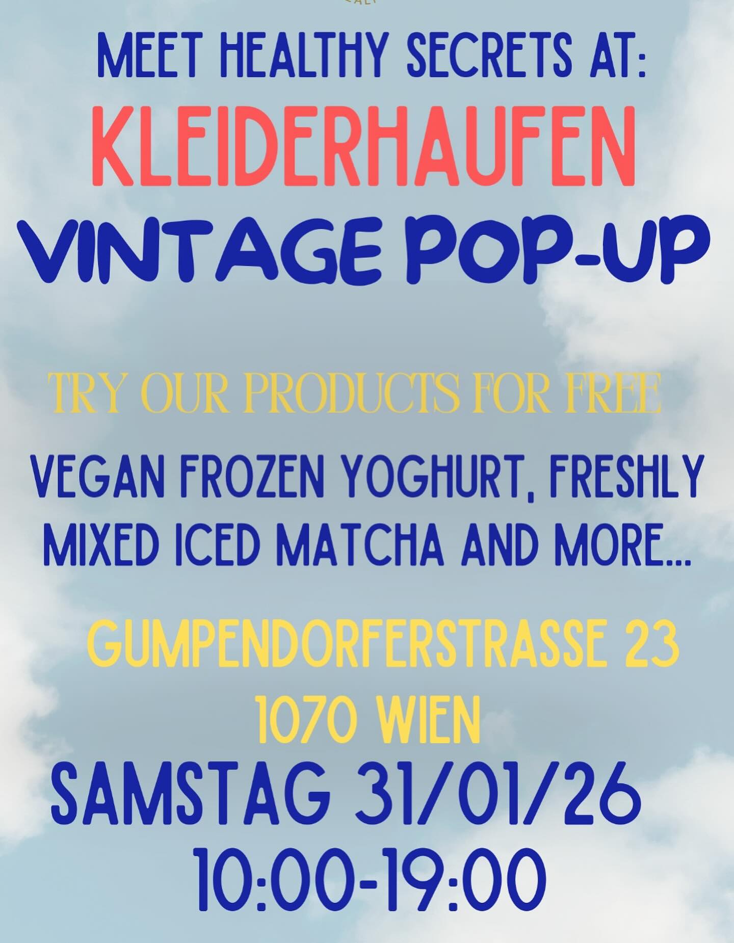 ✨ Pop-up Saturday! ✨
Am Samstag, 31.01., ab 10:00 Uhr findet ihr uns beim Vintage Pop Up 🤍
Kommt vorbei, probiert euch durch und lernt uns persönlich kennen.
Wir freuen uns riesig darauf, euch alle zu treffen und einen schönen Samstag mit euch zu verbringen ✨
Samstag 31/01/2026
Gumpendorferstraße 23 1070 Wien