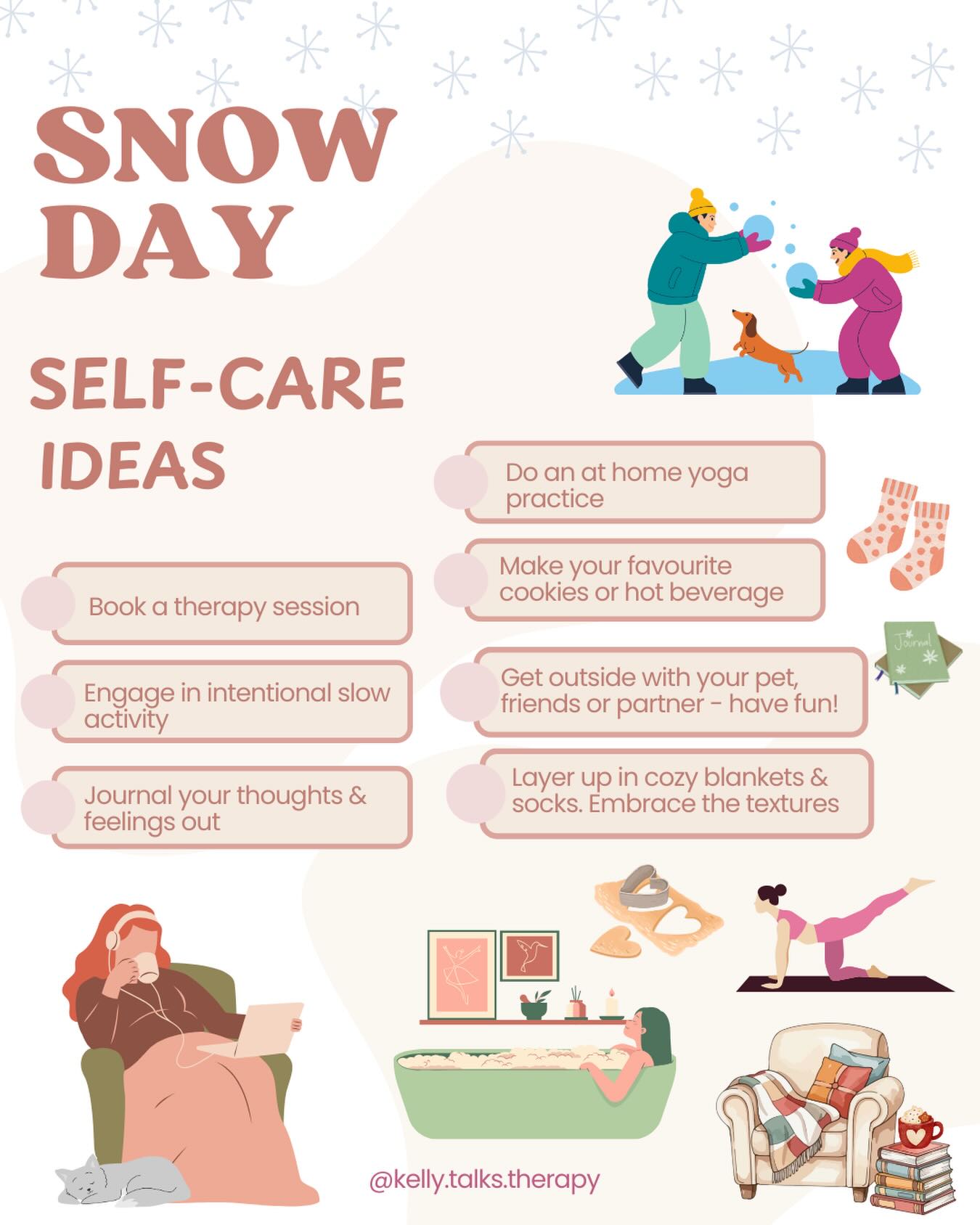 If you’re digging out your driveway, your cars and your walkway from the massive snowfall on Sunday - or you’re enjoying a work / school free day, here are some ideas for taking care of yourself on this snow filled Monday ❄️☃️🌨️