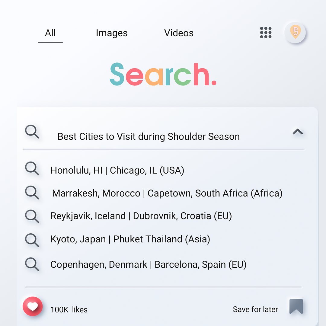 It’s that seasonn: shoulder season! 🍁 ✈️ Embrace the new season and travel now!
Why? Savings, fewer crowds and generally equally, or even more lovely weather ☀️
#pjt #princessj #princessjtravels #shoulderseason #wheretonext #europe #europetravel #africa #africatravel #asia #asiatravel #bucketlisttravel #falltrends #explore #wanderlust #traveltipsandtricks #savemoney #savemoneylivebetter #chicago #honolulu #travelgram #googletrends #travelholic #travelhacks #traveltips #winterwonderland #wintertravel #falltravel #springtravel #offpeak