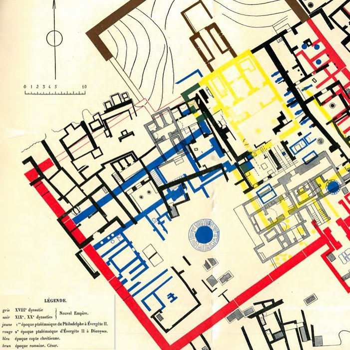 North-East of the artists’ village of Deir el-Medina, on Luxor’s West Bank, a large, very fortress-like mudbrick enclosure wall (the last of its type in Egypt) protects a Ptolemaic Hathor temple erected between the 3rd and 2nd century BCE. The 15x9m building, in excellent condition, presents an architectural programme typical for a provincial town temple: a columned hall leads over a few steps up to a narrow, screen-walled pronaos preceding a tripartite shrine, dedicated to Hathor-Maat (centre), Amen-Re-Osiris (right), and Amen-Sokar-Osiris (left).
However, the compound and its immediate surroundings encompass a multi-layered religious complex which has revealed 16 to 18 chapels and small temples, dating all the way back to the very beginning of the 18th Dynasty and the foundation of the village (see plan for the temple’s development phases). First excavated thoroughly by Bruyère in 1939, the site revealed, 6m below the sand, a Ramesside golden age, attested by cultic temples for Sethi I and Ramesses II. Many finds in situ, notably statues of viziers and local individuals, confirm a temple practice not dissimilar to its grander Theban neighbours. Eventually the complex housed a Coptic church which gave its name to the site, ‘monastery of the town’.
Further reading:
Bruyère, B. (1948). Rapport sur les fouilles de Deir el Médineh (1935-1940) – Fascicule I: Les fouilles et les découvertes de constructions, FIFAO 20.1. Le Caire: IFAO.
https://archive.org/details/FIFAO20.1
📸Bruyère/IFAO
#egypt #art #history #artoftheday #arthistory #archaelogy #egyptian #egyptianart #newkingdom #statue #statues #statuary #sculpture