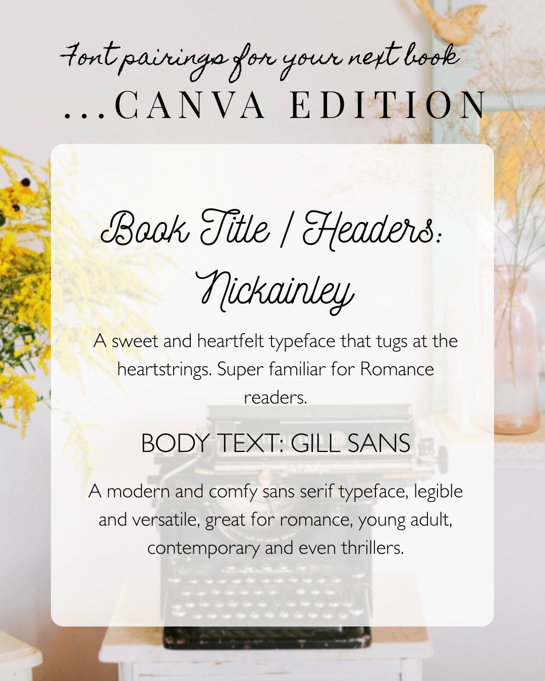 Fonts pairings for your next novel (Canva edition) ✒️
Canva is well known for its plethora of gorgeous typefaces, even on its free membership 🌈✨
Whilst I wouldn't recommend using Canva for formatting and typesetting, it can be used for DIY digital book covers and marketing assets.
Here are some pairing suggestions for your favourite genres and why they work well together...
🎨 Nickainley x Gill Sans
This is a trendy pairing romance readers can easily recognise. Nickainley is a sweet and heartfelt typeface that tugs at the heartstrings whilst Gill Sans is a modern and sans serif typeface, legible, versatile and so comfy to read.
🎨 Cinzel Decorative x Lancelot
One for the fantasy girlies -- Cinzel Decorative is dreamy and windswept whilst Lancelot is a classy and legible typeface that has a hint of whimsy. Who says body text needs to be boring?
🎨 Kelin Eator x Cormorant Garamond
When I put these two together, I had in mind a modern contemporary fiction or trendy non-fic / memoir. Kelin Eator catches the eyes for its unique appearance whilst Cormorant Garamond is a classic and elegant print typeface that gives *serious literature*.
🎨 Pirata One x Bauer Bodoni
A fun pairing for a historical fiction, historical romance, or even a cosy crime. Pirata One is a modern and playful rendition of a historical font paired well with Bauer Bodoni for a classy feel that's comfy to read.
I'll be sharing typefaces from Word, Adobe and Google Fonts soon too -- watch this space!
Any of these catch your eye? Save them for your next project! 🤍
#BookDesign #FontPairings #DesignTips #SelfPublishing #Authorgram