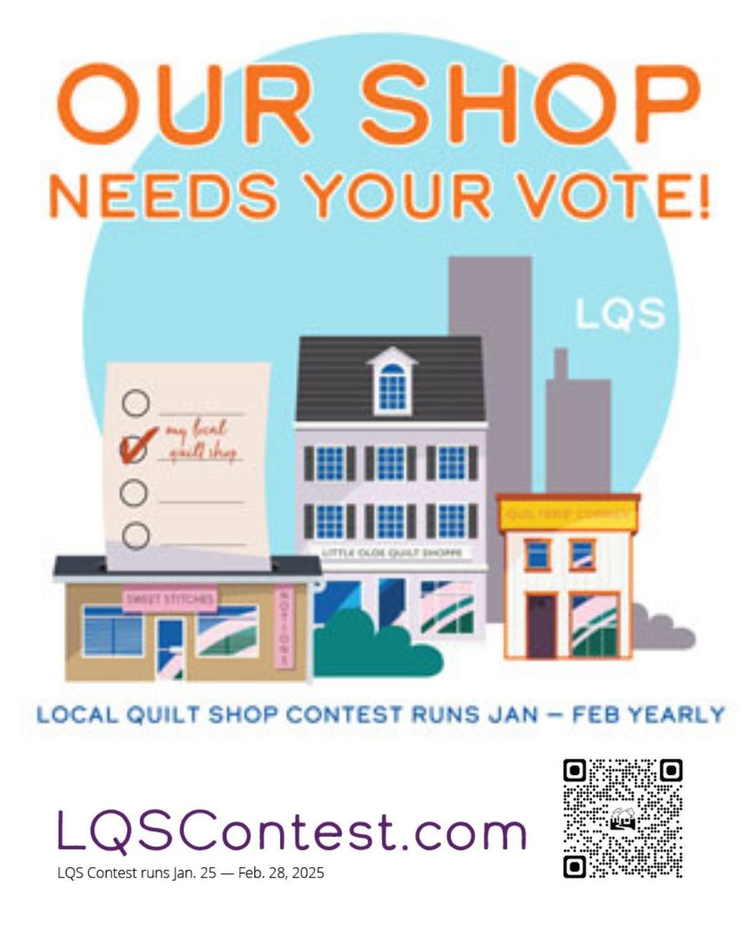 We Need Your Vote
We're thrilled to be part of the ByAnnie Little Quilt Store Contest and we need your help to win!
Your vote can make all the difference, so please take a moment to support us. Here's how:
1. Head to www.lqscontest.com/vote
2. Vote for The Sewing Room
3. Share the love with friends and family!
Thank you for your continued support.
Voting ends 28th Feb