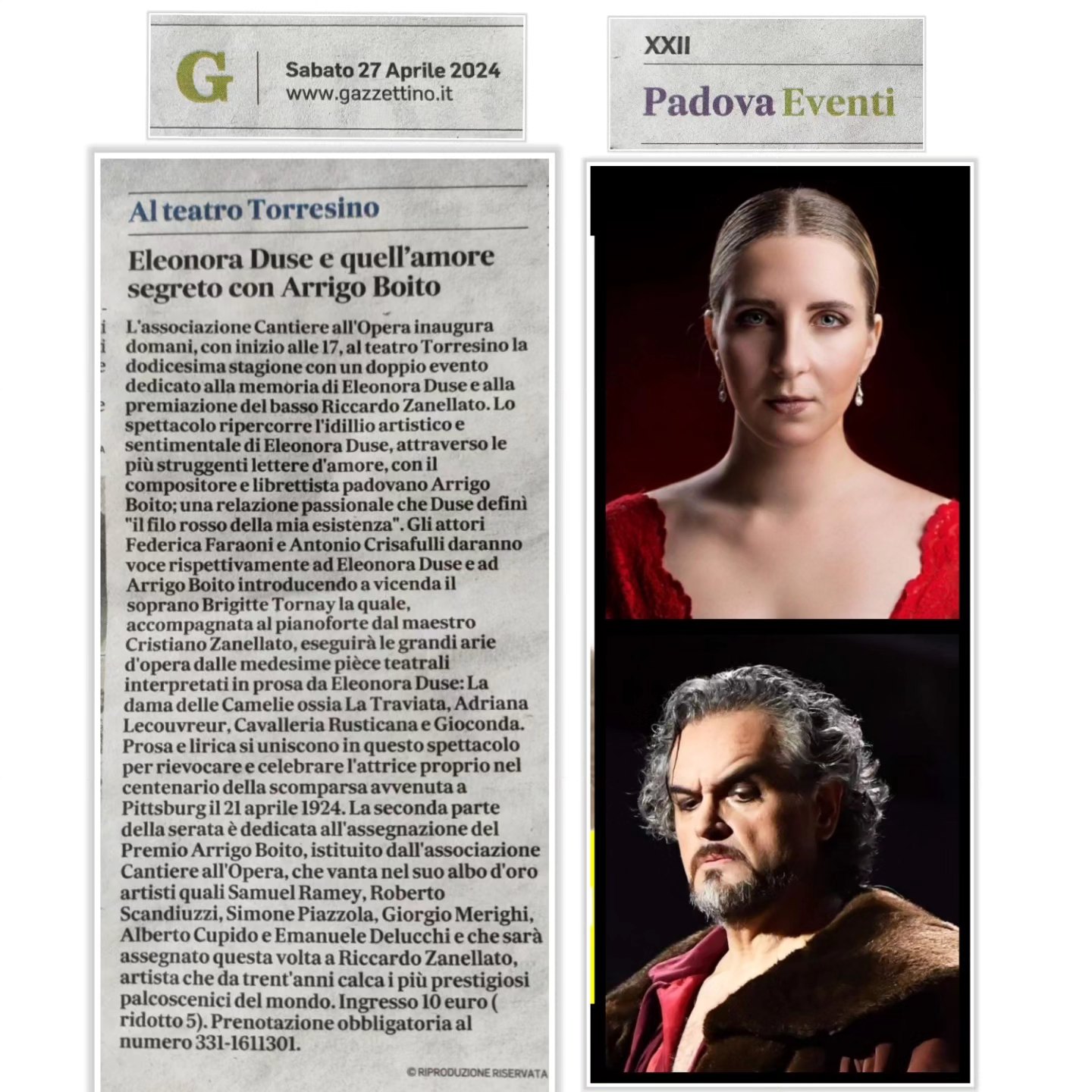 Grazie a IL GAZZETTINO di Padova per l'articolo dedicato al nostro evento di Domani DOMENICA 28 APRILE ORE 17 al TEATRO TORRESINO di Padova.
ELEONORA DUSE, IL FILO ROSSO DELLA MIA ESISTENZA.
VI ASPETTIAMO!