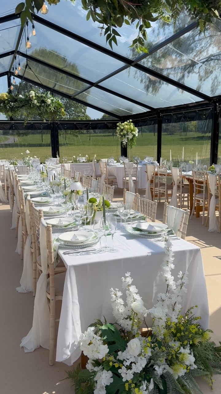 Gorgeous verdant greens with crisp whites are one of the trending colour schemes year and we LOVE it.
All flowers here are faux florals (but yes, we do fresh too).
Long tables consisted of simple yet elegant decor which would have really taken off as the sun set with tonnnes of candles, as well as table lamps which gave the whole scheme a more modern edge.
#yorkshireweddingstylistandflorist #yorkshireweddingstylist #yorkshiremarqueehire #verdantgreen #2026wedding