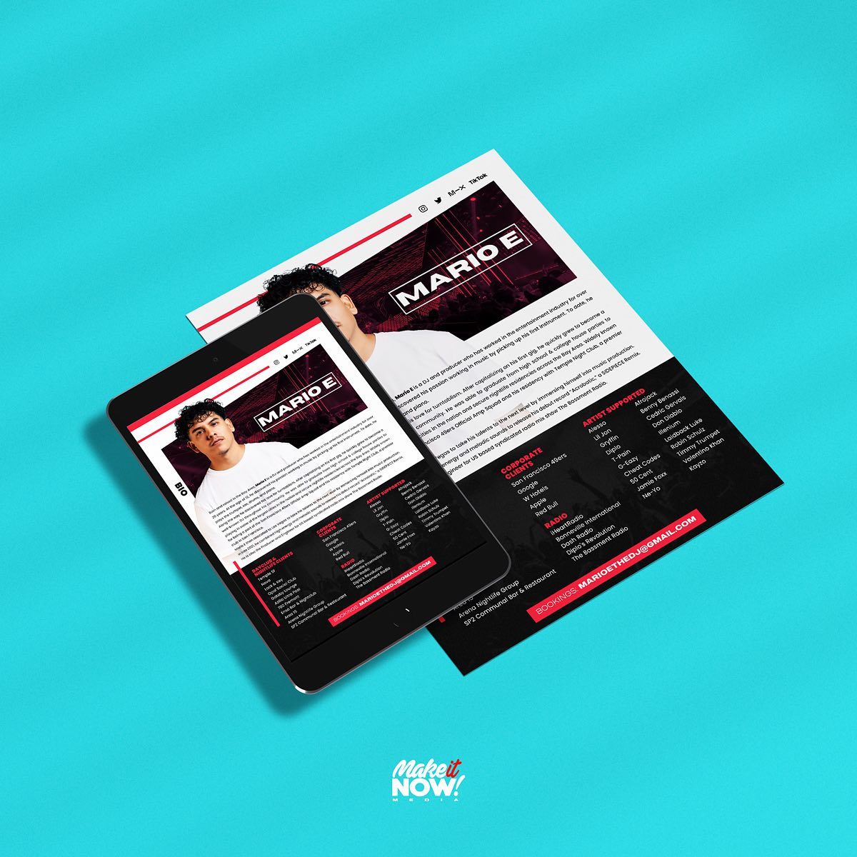 All your important information in one place ready to send and lock in that next client or BIG booking! We create professional and effective One-Sheet Press Kits for your brand. We #MakeItNow ‼️ #Design #GraphicDesign #ContentCreators #SocialMedia #MotionGraphics #Instant #AnimatedFlyers #VisualContent #logo #MotionDesign #VideoFlyers #ContentCreation #DJlife #RealDJing #DesignInspo #MotionFlyers #SocialMediaMarketing