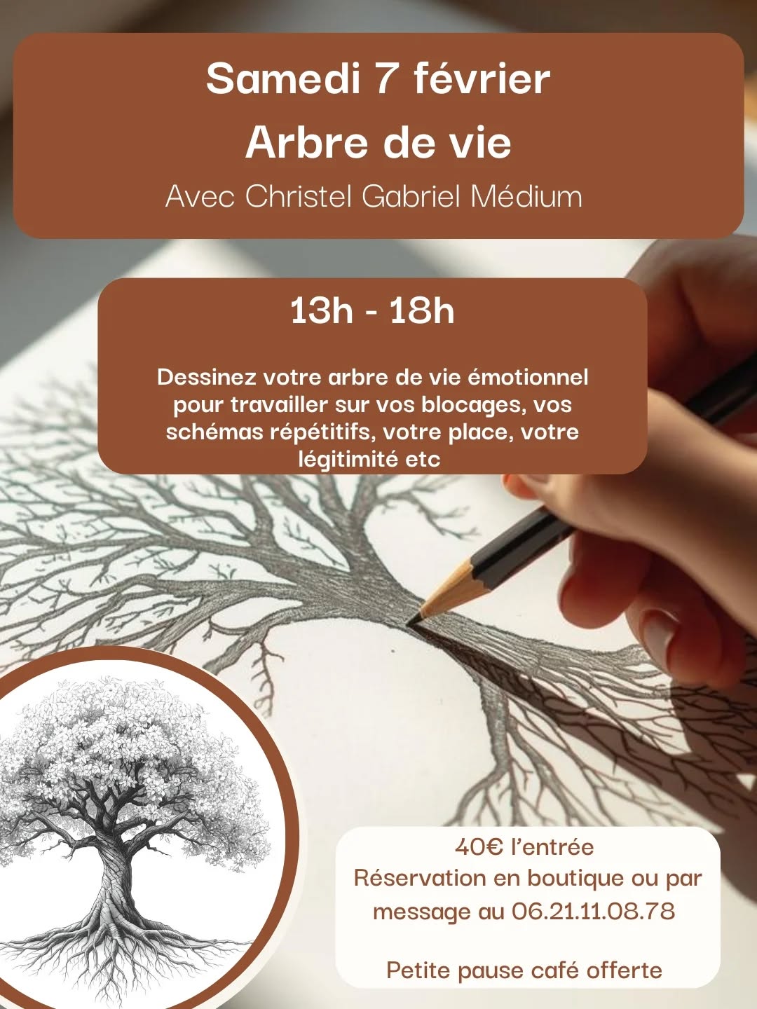 Atelier arbre de vie avec @christelgabrielmedium samedi 7 février à Ma bulle artisanale à La-Ferté-Gaucher. Pas besoin de savoir dessiner 😉 on vous guide dans l'expression de votre coup de crayon pour travailler sur vos blocages émotionnels, professionnels, votre place, votre légitimité etc
Pensez à réserver dès maintenant ! En mp ou par message
#medium #arbredevie #spirituelle #travailsursoi #BienÊtre