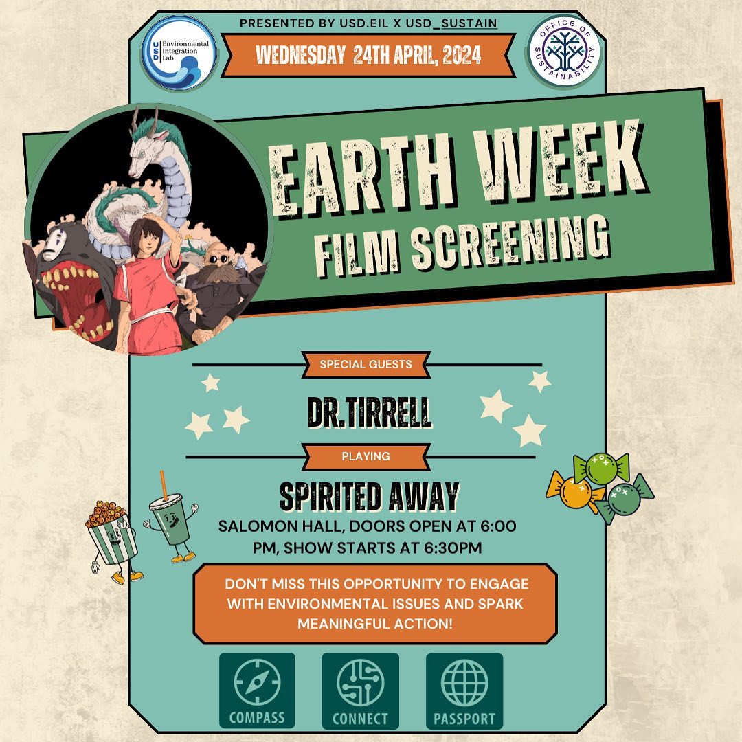 🌍✨ Dive into a cinematic journey for Earth Week! 🎥 Join us for an exclusive screening of an Earth-themed anime film, followed by a captivating discussion led by
Dr. Tirrell. 🌱 Gain fresh perspectives, ignite change, and take actionable steps inspired by the film’s powerful message.
Don’t miss out on movie snacks, super cute summer ready tote bags for the first 50 attendees, and Compass Point’s!
🌟 Let’s come together, spark meaningful action, and
make a difference for our planet!
#EarthWeek #FilmScreening #EnvironmentalAction 🌿🎬 #usd #universitylife #earth #earthday #earthweek #moviescreening #usdeil #fyp