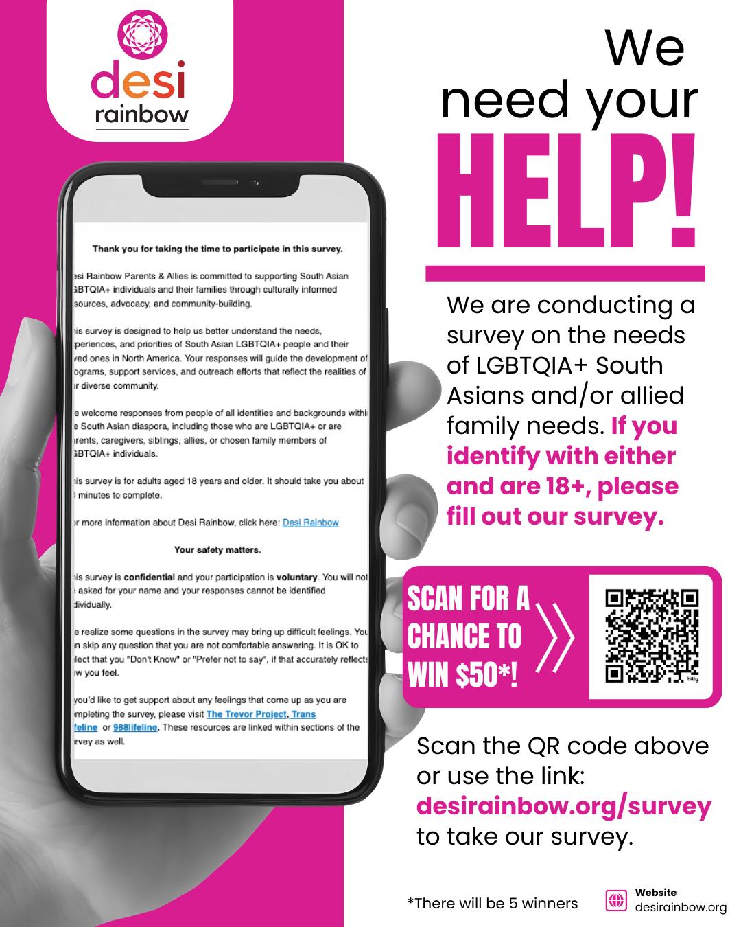 🚨 Take the Desi Rainbow community needs survey! (link in bio) Desi Rainbow is the only national organization committed to supporting LGBTQIA+ South Asian immigrants and their families through culturally informed resources, advocacy, and community-building for the past five years.
🌈 We have designed this survey to help us better understand the needs, experiences, and priorities of LGBTQIA+ South Asians and their family members in North America. Your response will guide the development of programs, support services, and outreach efforts that reflect the realities of our diverse community.
💰 This survey is for adults aged 18 years and older. It should take you about 20 minutes to complete. You can choose to enter a drawing to win a $50 gift card.
🌈 Take the survey at desirainbow.org/survey
--
#DesiRainbow #DesiRainbowSurvey #CommunitySupport #Ally #LGBTQAllies #Parenting #DesiParents #Affirming #Support #DesiFamily #QueerDesi #QueerSouthAsian #LGBTQSurvey