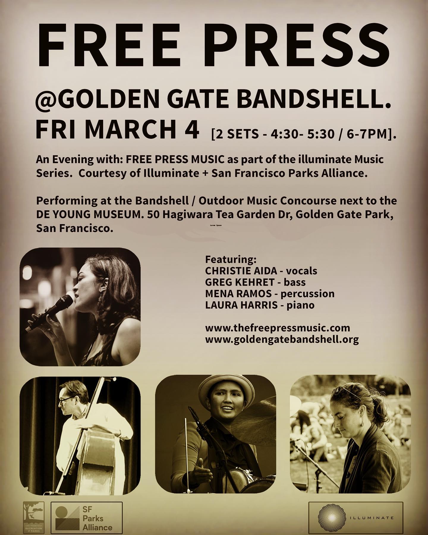 #FreePress #Music @thefreepressmusic plays at the #GoldenGateBandshell #Friday 3/4/22 from 4:30-7:30pm to open #International #Women’s #Month