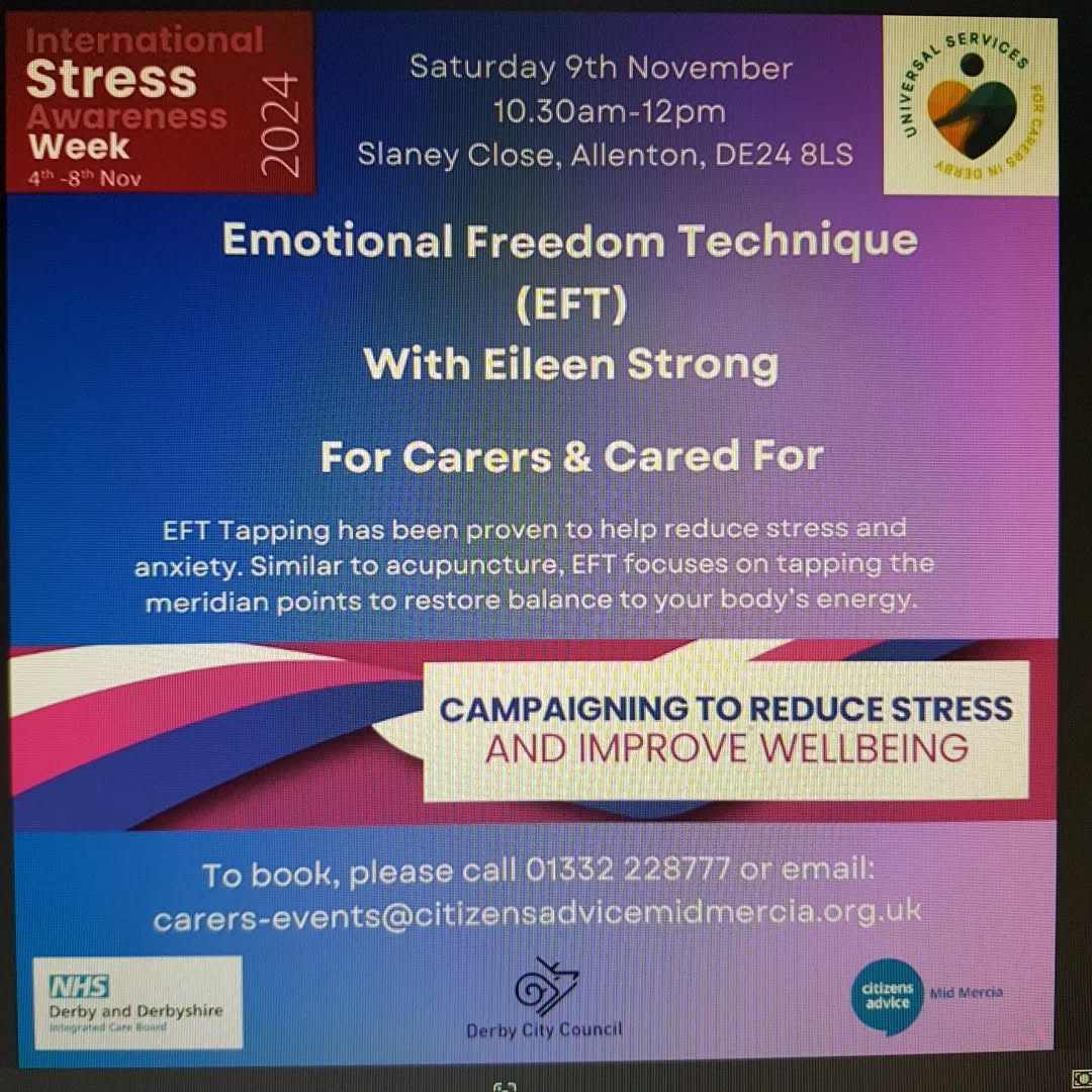 Love love love EFT .. (also known as "tapping therapy") There's many different ways to use it, and as a self-help tool, it can be adapted easily to suit personal circumstances .. managing stress, anxiety, avoiding burnout. It can be super fun too and enhance all the positive emotions too!! So I am really looking forward to hosting this class for such a great local charitable cause.
@carers_derby #internationalstressawarenessweek
#eft #tappingtherapy #nostress
#meridianpoints
