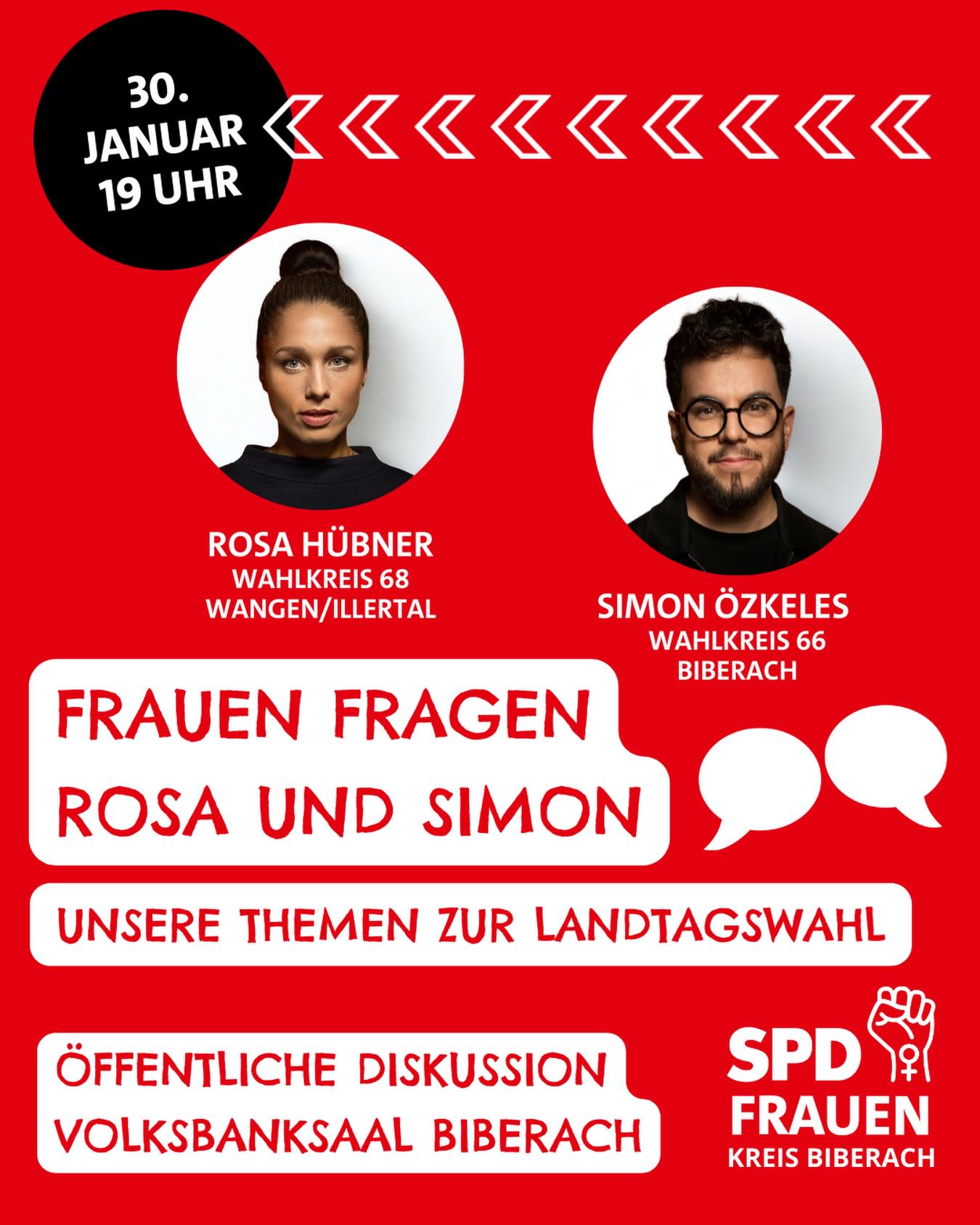 Du hast Fragen zur Landtagswahl, aber bist mikrofonscheu? Kein Problem! 🎤🚫
Diesen Freitag, 30. Januar 2025 um 19 Uhr, kannst Du unsere Kandidierenden Rosa Hübner (Wahlkreis Wangen/Illertal) und Simon Özkeles (Wahlkreis Biberach) kennenlernen und Deine Fragen stellen – mit Zettel und Stift 📝 oder nach dem öffentlichen Teil auch persönlich. 💬
Dazu laden die SPD-Frauen im Kreis Biberach insbesondere alle interessierten Bürgerinnen ein. Natürlich sind auch Männer willkommen!
🗓️ 30. Januar 2026
🕖 19 Uhr bis ca. 20:30 Uhr
📍 Ort: Saal der Volksbank Biberach (Bismarckring 63)
Besonders wenn Dir Themen wie Bildung 📚, Wohnen 🏠 und Mobilität 🚴♀️ wichtig sind, bist Du hier richtig. Misch Dich ein und gestalte die Diskussion mit!
Der Eintritt ist frei. Wir freuen uns auf Dich und Deine Fragen! 🌹🤗
#spd #biberach #frauenfragen #landtagswahl #mitgestalten frauenpower