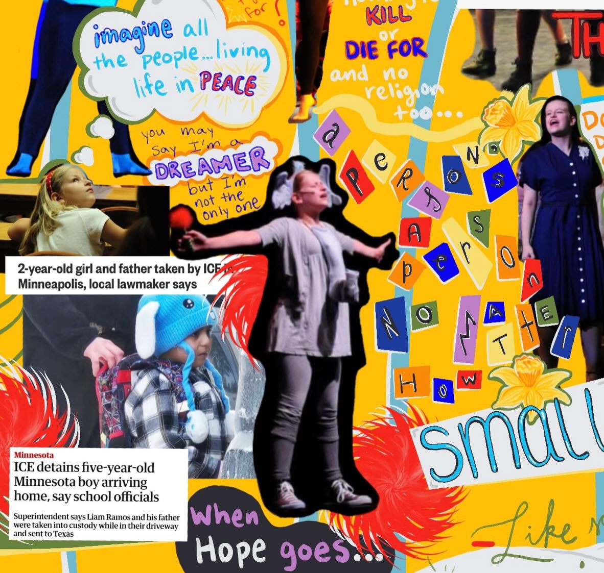 “The Arts Gave Me My Voice” close up from bottom left quadrant clockwise to bottom right quadrant for easier reading.
With my voice I will be calling my senator Diane every time I have to drive in between my two jobs and kindly asking her to oppose any bill that maintains ICE funding :)