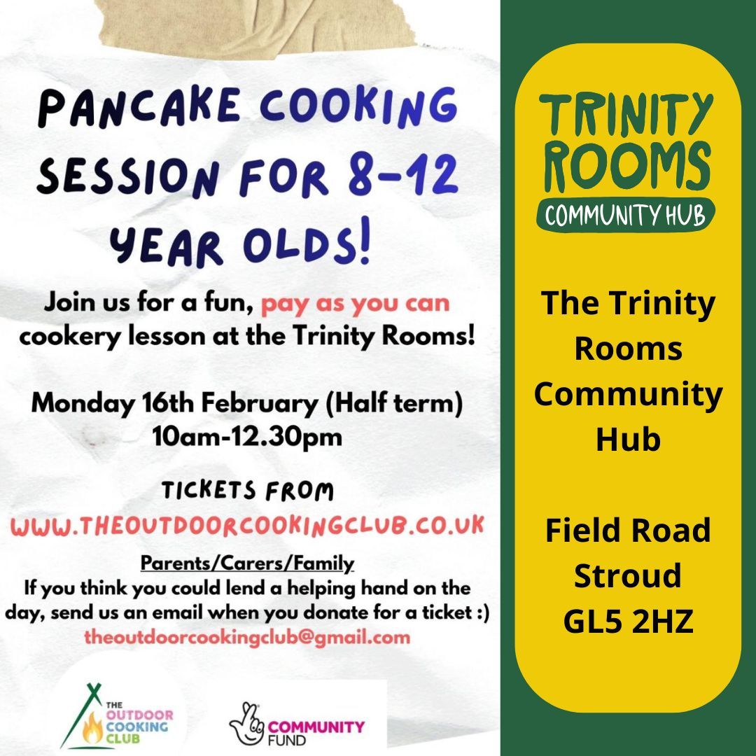 Half term fun at our Trinity Rooms Community Hub in Stroud on Monday 16th Feb 2026, with pancake cooking for 8-12 year.
Pre-Booking required via the outdoor cooking club (link shown on the image).
#Stroud #Food #Pancakes #Community #Children #Painswick #Shrove #Paganhil #Ebley #Events #Chalford #CashesGreen #Family #Support #Gloucestershire