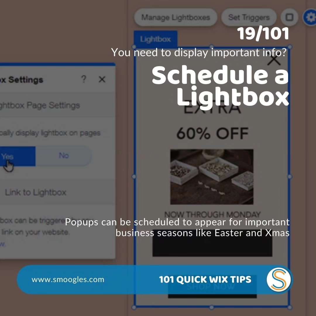 Schedule a Popup or Lightbox as it's known in Wix to display seasonal information on your @wix website such as Easter or Xmas dates or offers.
Read the blog post in full, link in bio.