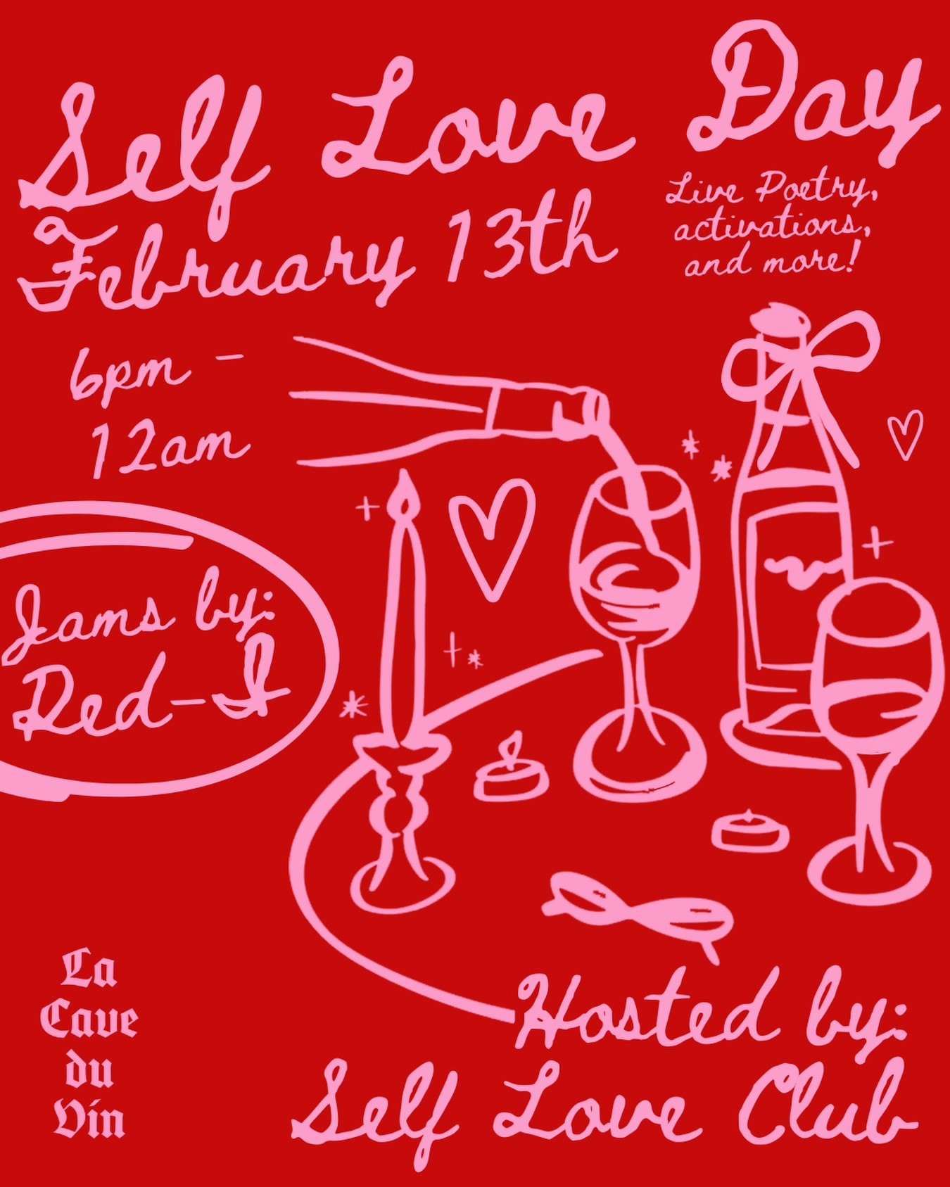 We think we all get a little lost sometimes in who we are to everyone else. Whether you’re a parent, a best friend, a partner, or just the person everyone leans on—it’s easy to forget the “you” that exists outside of all those roles. We truly believe that the only reason we’re even able to show up for others is because of how we show up for ourselves first.
So, this is your invitation to just... show up for you and celebrate Self Love Day at @lacaveduvin on Friday, February 13th.
Come alone for a solo date, grab your best friends, or bring someone special.
@djredibeats is spinning an all-vinyl set. We’ll have some live poetry to sit back and listen to. La Cave is putting together a special menu just for us, so definitely plan on treating yourself to something good. We’ll have some self-love activities ready—some to help you connect IRL if you’re feeling social, and some specifically for the introverts who just want a quiet moment to reflect.
No pressure, no roles to play, just a night to refill your own cup. We really hope to see you there. 💕🫶🏽