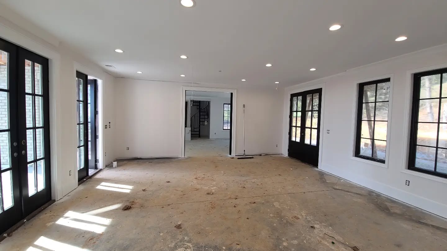 I spy...a hidden spiral staircase and pocket doors. This black and white combo is dreamy.🖤🤍
#jontotherowconstruction
#customehomebuilder
#customhome
#spiralstaircase
#futureelevator
#blackandwhitelivingroom
#blackwindows
#blackdoors