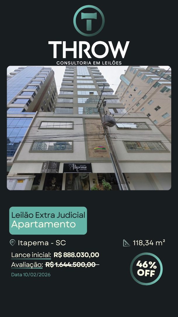 Apartamento em Meia Praia, Itapema, a apenas 400 metros da praia.
São 118,34 m² privativos, com duas vagas de garagem, em uma região consolidada e com alta demanda.
Valor em leilão R$ 888.030,00, com condição de parcelamento estendida, sendo
30% de entrada e saldo em até 78 parcelas mensais, com juros de 10% ao ano pela Tabela Price, acrescido de IPCA anual, conforme edital.
Uma estrutura que permite preservar caixa e trabalhar o capital com mais eficiência.
🔗Fale conosco pelo direct ou clique no link da bio e veja como arrematar imóveis em leilão com segurança, rentabilidade e o suporte completo da Throw Leilões.
#ImóvelEmLeilão #InvestimentoImobiliário #ItapemaSC #MeiaPraia #ThrowLeilões LeilãoDeImóveis