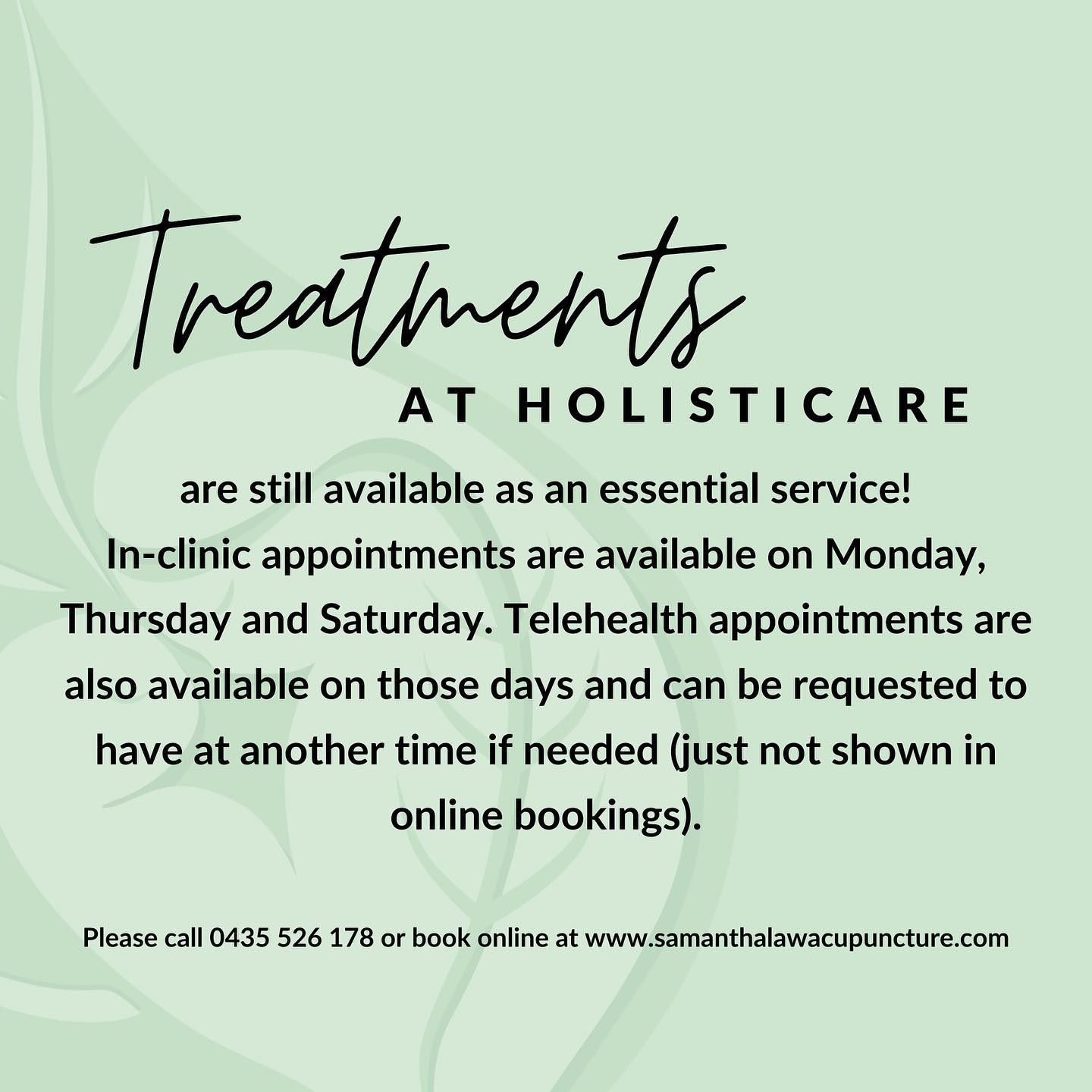 Acupuncture, Chinese herbal medicine and cupping services are still available for you to utilise during the lockdown period as an essential service!
Always here to support your health! 💚