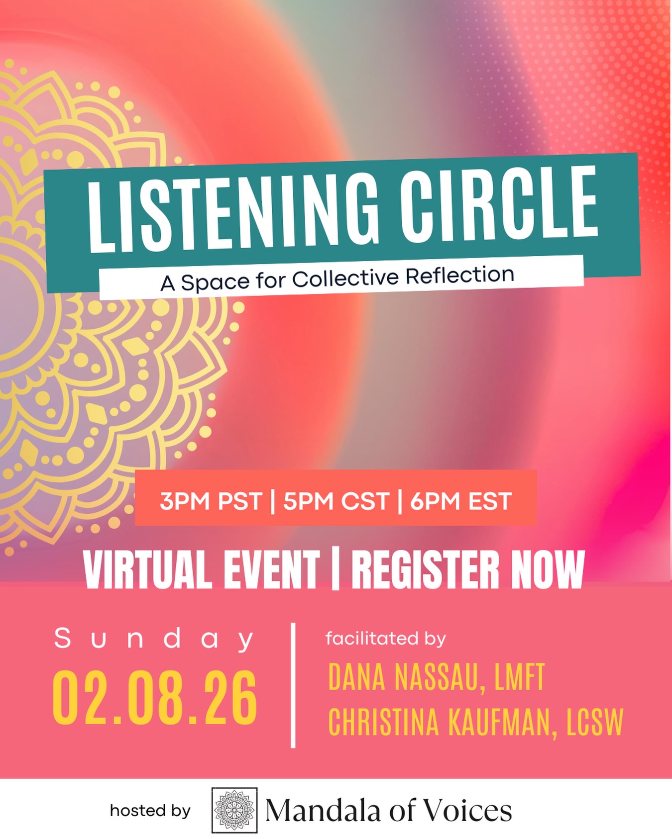You’re not alone! Empathy is active resistance in the face of violence and oppression. Through listening we increase empathy and unite in solidarity.
Join us for collective reflection and response to current events and political violence, honoring the experiences of those directly and indirectly affected.
Share what you’re experiencing and receive the healing that comes through being witnessed and acknowledged.
Free event
Sunday, Feb. 8th, 3pm PST
Zoom
Link in Bio for more info and registration.