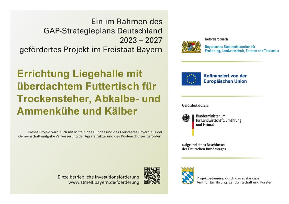Schon seit gut einem Jahr fühlen sich unsere Kühe und Kälber im neuen Stall sehr wohl! Ein lang gehegter Wunsch nach mehr Tierwohl, muttergebundener Kälberaufzucht sowie größtmöglicher Flexibilität konnte auch dank Unterstützung vom Freistaat Bayern, Bund und EU umgesetzt werden!