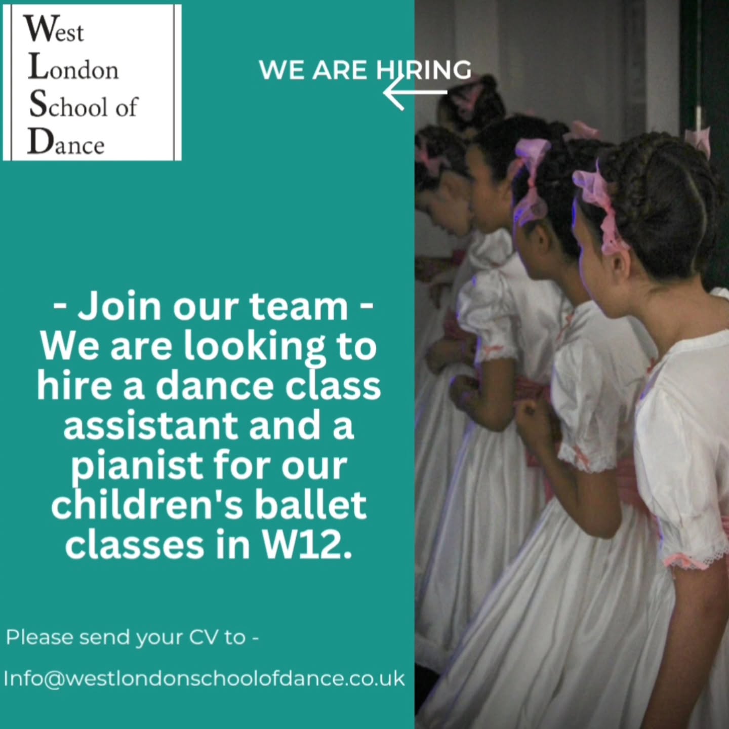 ✨️ Join our ballet family! ✨️
We're looking for a ballet class assistant to help guide and support our dancers, classes on a Tuesday and Wednesday afternoon. Perfect for students and aspiring teachers
We are also seeking an experienced pianist to accompany our ballet classes - Wednesday and Friday afternoons and Saturday morning.
Send in your CV - info@westlondonschoolofdance.co.uk