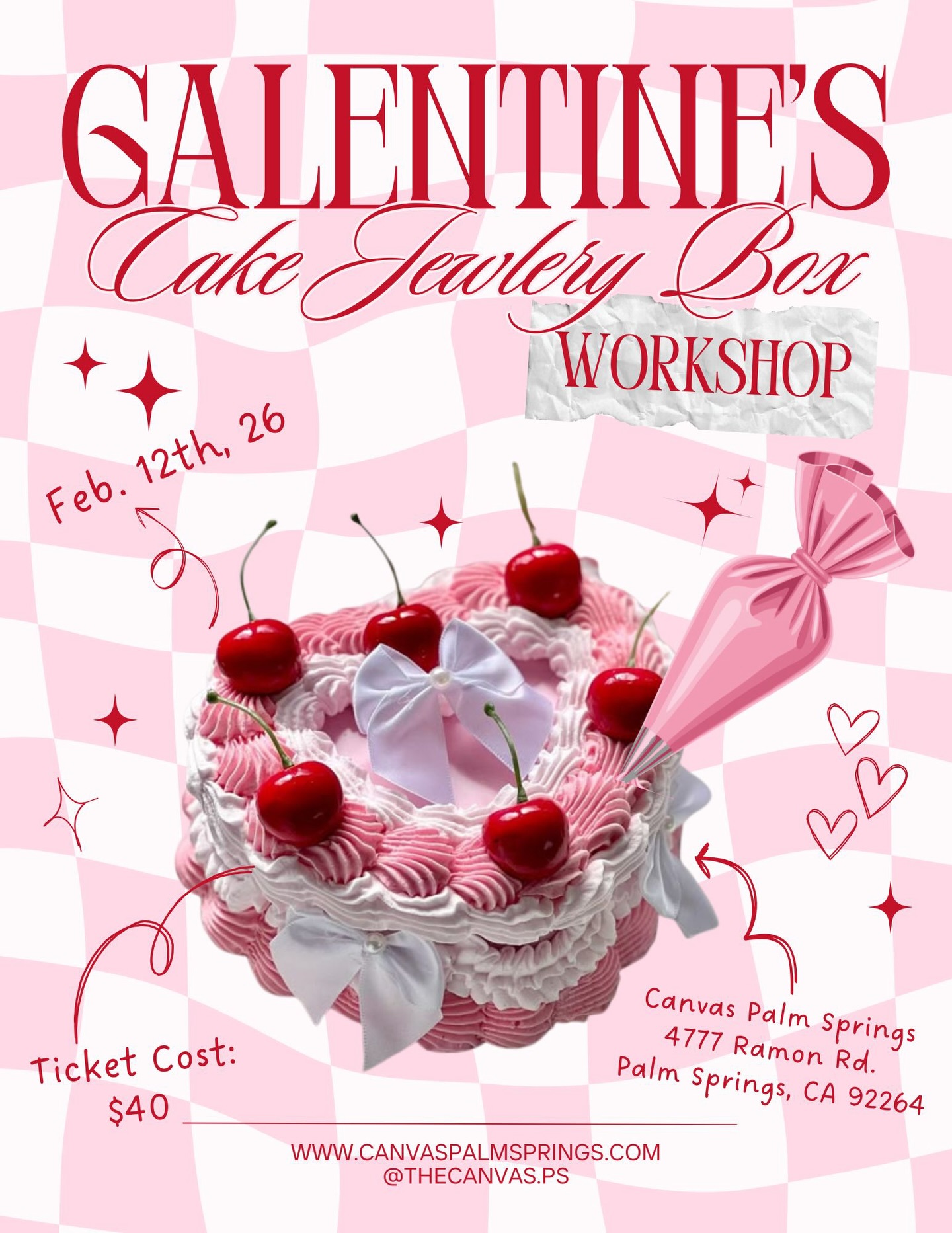Grab your besties (or treat yourself) and join me for the sweetest hands-on workshop at @thecanvas.ps! You’ll design your very own fake cake jewelry box cute enough to eat, but made to store your favorite jewelry and trinkets.
I’ll guide you through decorating your cake from start to finish with realistic piping details, textures, bows, and embellishments, while letting you personalize colors and style to make it uniquely yours ✨🎂
✨ No experience needed
✨ All materials provided
✨ Take-home, fully customized jewelry box
Perfect for a Galentine’s hang, date night, or solo creative moment 💕
Come for the craft, stay for the vibes.
📅 Feb 12
📍 Canvas Palm Springs
💲 $40
🎟️ Spots are limited; sign up now!
#GalentinesWorkshop #FakeCakeArt #CanvasPalmSprings #ItsLunaVisuals #DIYWorkshop CreativeCommunity PalmSpringsEvents HandmadeFun