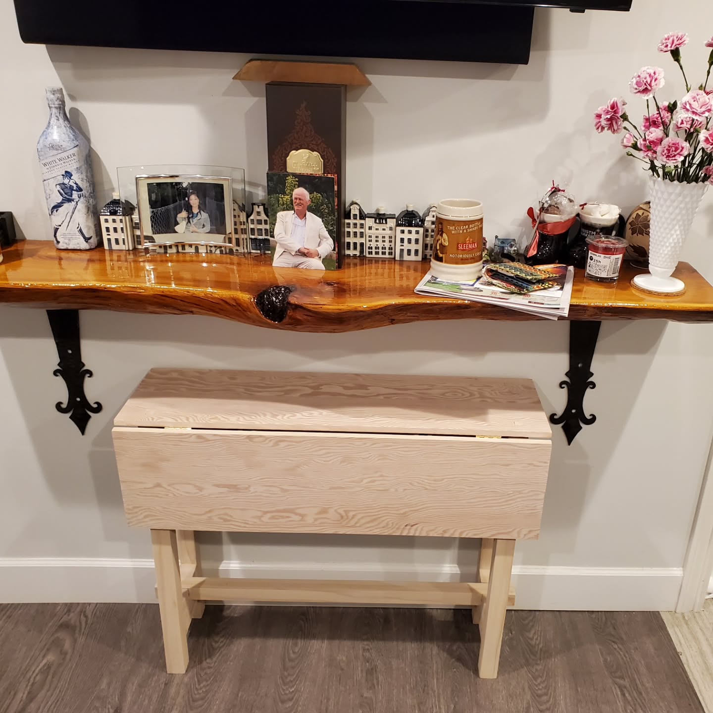 Custom folding table made from reclaimed old growth fir made with hand tools