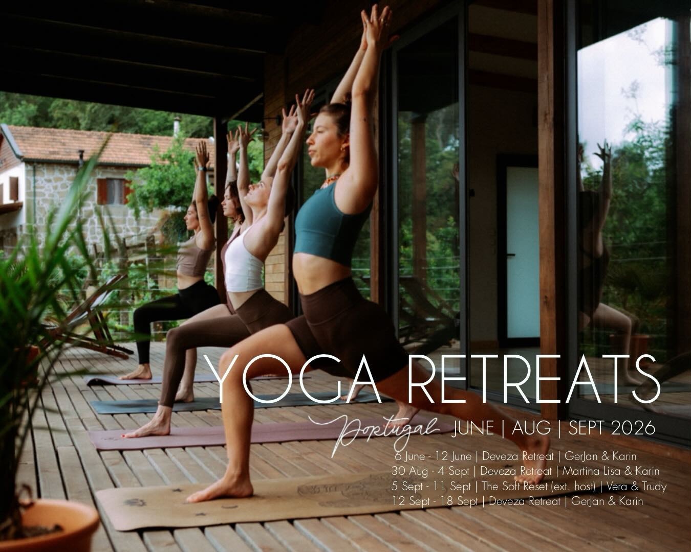 Yoga Retreats 2026
Besides our holiday vibed yoga Holidays, we also organise and host yoga retreats.
Our retreats invite you into depth — gently.
They offer a thoughtfully guided week with a natural rhythm, leaving space for silence, reflection and deepening your practice, both on and off the mat.
With daily meditation, 2 yoga classes a day and multiple connected breathwork sessions, supported by experienced guidance in a safe, small-group setting.
🧘This year we team up again with our amazing friend and yoga teacher GerJan van de Kamp @kernyoga
for our 7 days | 6 nights Deveza retreats: 6-12 June and 12-18 September | We are still enjoying our memories of our collab last September 🥰
🧘♀️Then a new collaboration coming up, with lovely Martina Lisa from Berlin @feelyoga_berlin. Deveza Retreat " the German edition" 😉.
A 6 day | 5 nights retreat from Sunday Aug 30 - Sept 4 | more info soon!
🧘♀️🧘♀️also "fresh from the press": a retreat hosted by a new external host; The Soft Reset, by Vera Peters @vera_peters_ and Trudy Peters @puur_lifestyle_trudy
7 days | 6 nights from Sept 5 - 11 | check their instagram for more info!
Want to know the difference between a yoga retreat and a yoga holiday? Check our stories: Yoga Retreats vs Yoga Holidays (highlight: "what to choose?")
📸 Beautiful photo by @captured.retreats
.
#retreatcenter #devezaretreats #yogaretreat #yogaretreatportugal