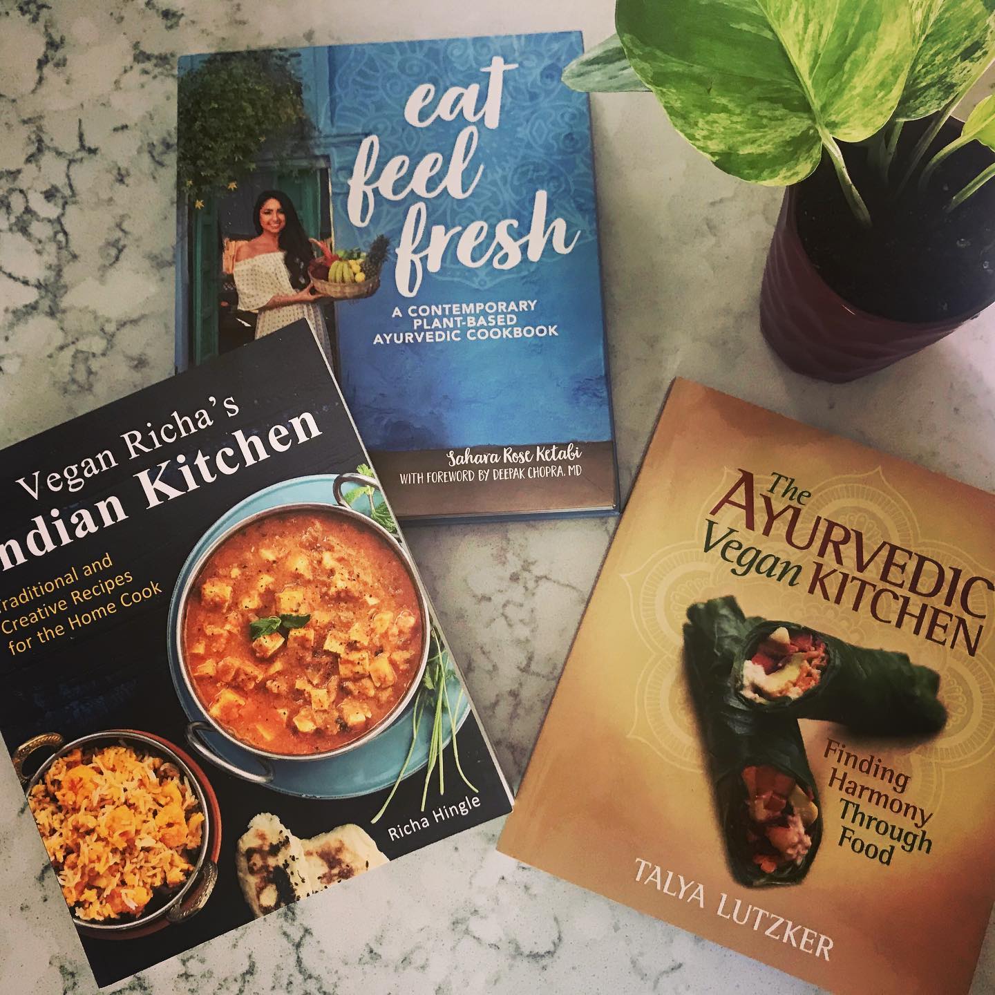 I’m a sucker for IG recipes. My bookmarks are FULL of them. But, there is something about sitting down and flipping through my favorite cookbooks that gets me inspired. Anyone else? 🌱 🥘 🥙 🍲 🍵 #cookbooks #ayurvediccooking #ayurvedicmedicine #grocerylist #plantbased