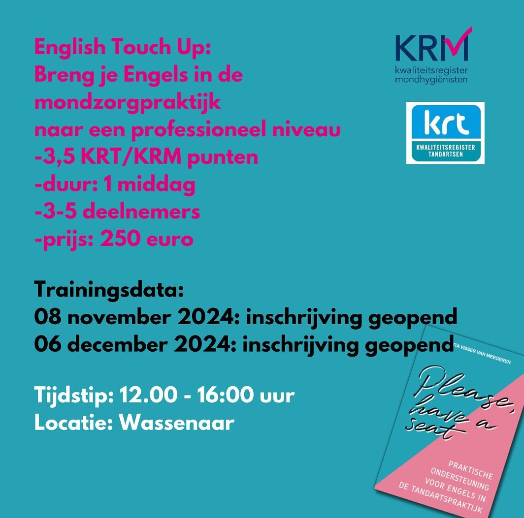 Nieuwe data voor English Touch Up, training Engels voor medewerkers in de mondzorg! Uplevel your English in dental care in just one afternoon! Check link in bio voor info en aanmelding! #yougotthis #dental #dentalcare #dentalassistant #dentalcare #mondzorg #mondzorgkunde #mondhygiënist #baliemedewerker #receptionist #perfection #tandarts #tandartsassistente #uplevel