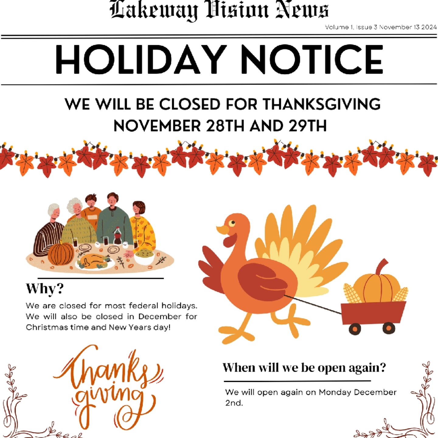 Happy Thanksgiving! Please be aware of when we will be out of the office for Thanksgiving. Have a great holiday with family and friends!
#thanksgiving
#lakewayvision
#lakewayoptical
#lakeway
#turkeyday
#pumpkinpie