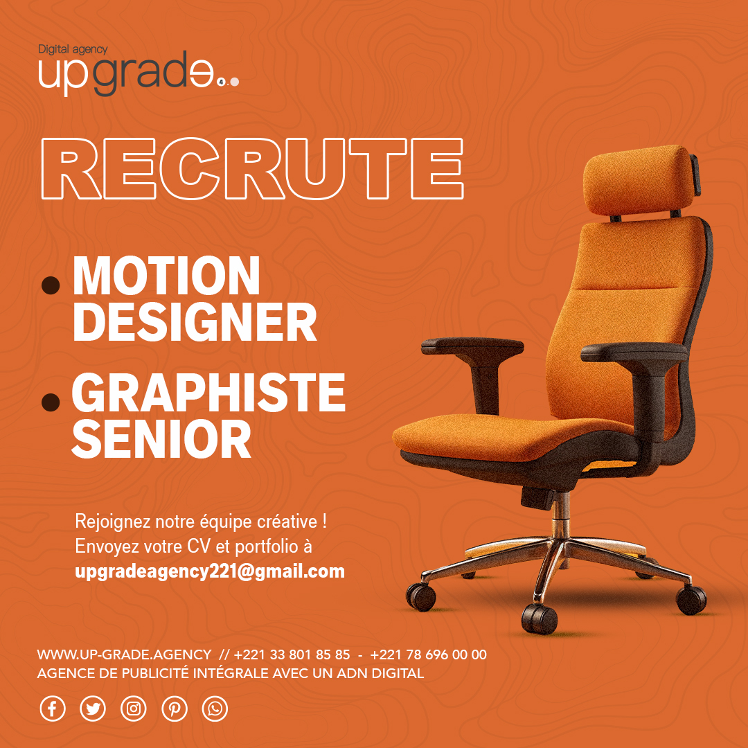 Recrutement : Graphiste Senior & Motion Designer chez !
Nous sommes à la recherche d'un Graphiste Senior et d'un Motion Designer pour rejoindre notre équipe et participer à des projets innovants.
Mettez votre expertise au service de notre équipe créative.
Envoyez votre CV et portfolio à upgradeagency221@gmail.com.
Rejoignez Up Grade et laissez libre cours à votre créativité ! 🚀
#Recrutement #GraphisteSenior #MotionDesigner #OffreDemploi #Créativité #UpGrade
