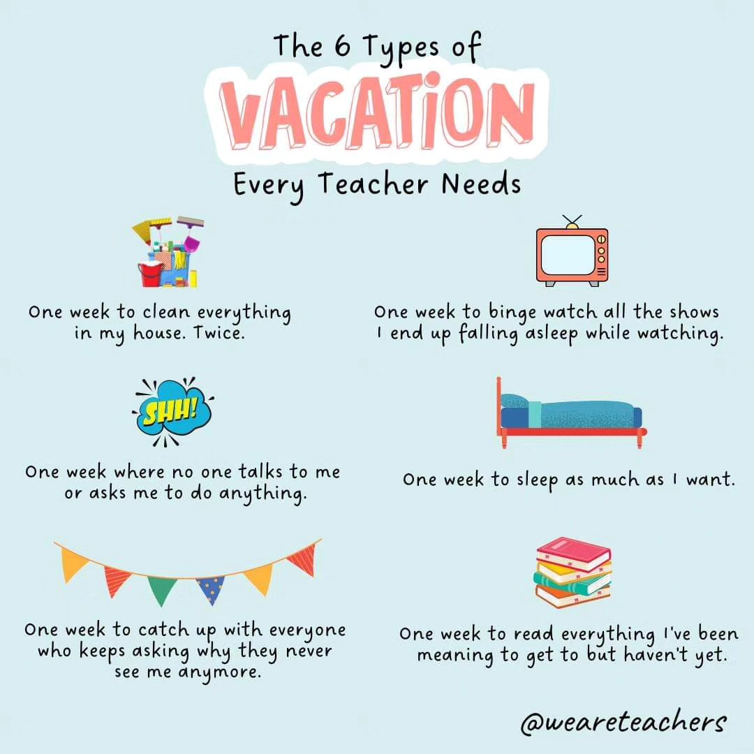 I try to squeeze as many of these in as possible. I'm moving away from sleeping 😴 and into reading 📚
Not sure I'm going to get to cleaning! 😆
What's your favorite kind of vacation?
#teachersonbreak
#vacation
#summerbreak
📷 @weareteachers