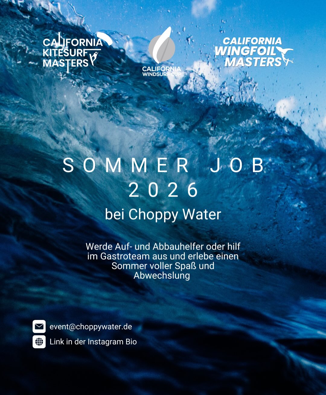 ☀️ SOMMERJOB 2026 bei Choppy Water ☀️
Du hast Lust auf einen Sommer voller Action, guter Vibes und Teamspirit? 🌊
Dann werde Teil unserer Crew bei den California Kitesurf Masters, Wingfoil Masters & dem California Windsurf Cup!
Wir suchen noch Verstärkung fürs Event-Team!
Ob im Gastroteam oder als Aufbauhelfer, jede helfende Hand ist willkommen!
Drinks mixen, Gäste betreuen, beim Auf- und Abbau helfen & Events mitgestalten.
Das solltest du mitbringen:
• Mindestens 18 Jahre alt
• Führerschein Klasse B oder BE
• Lust auf ein tolles Team
Klingt nach deinem Sommer?☀️🌊
Melde dich bei uns: event@choppywater.de
#Sommerjob2026 #ChoppyWater #Eventcrew #JobsAmMeer #Teamspirit #Beachlife #Wassersport