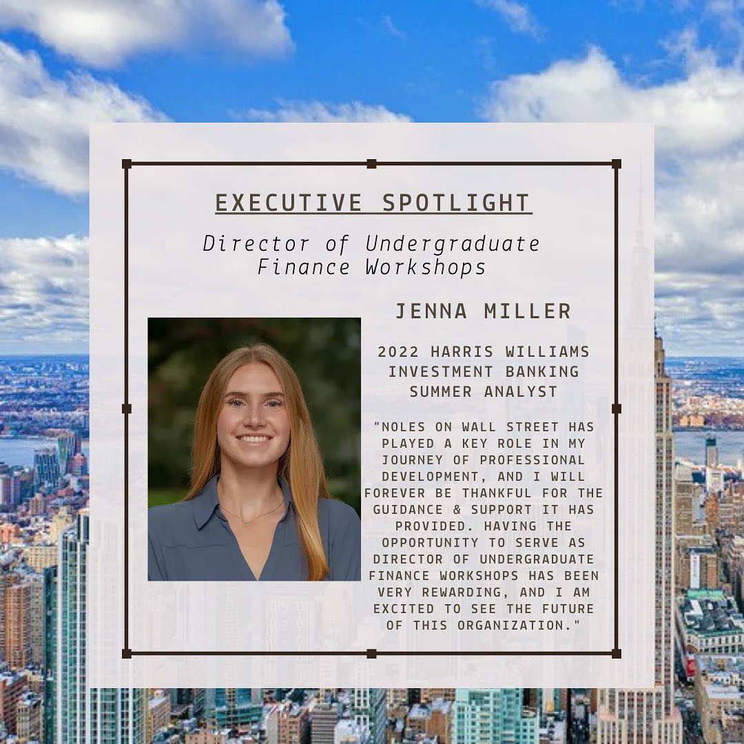 A very special spotlight this week is on Jenna Miller! Jenna is the Director of Undergraduate Finance Workshops for Willow Partners! She is currently a junior at Florida State and will be interning at Harris Williams this summer in their Boston office! So proud to have this woman as a leader in our organization!