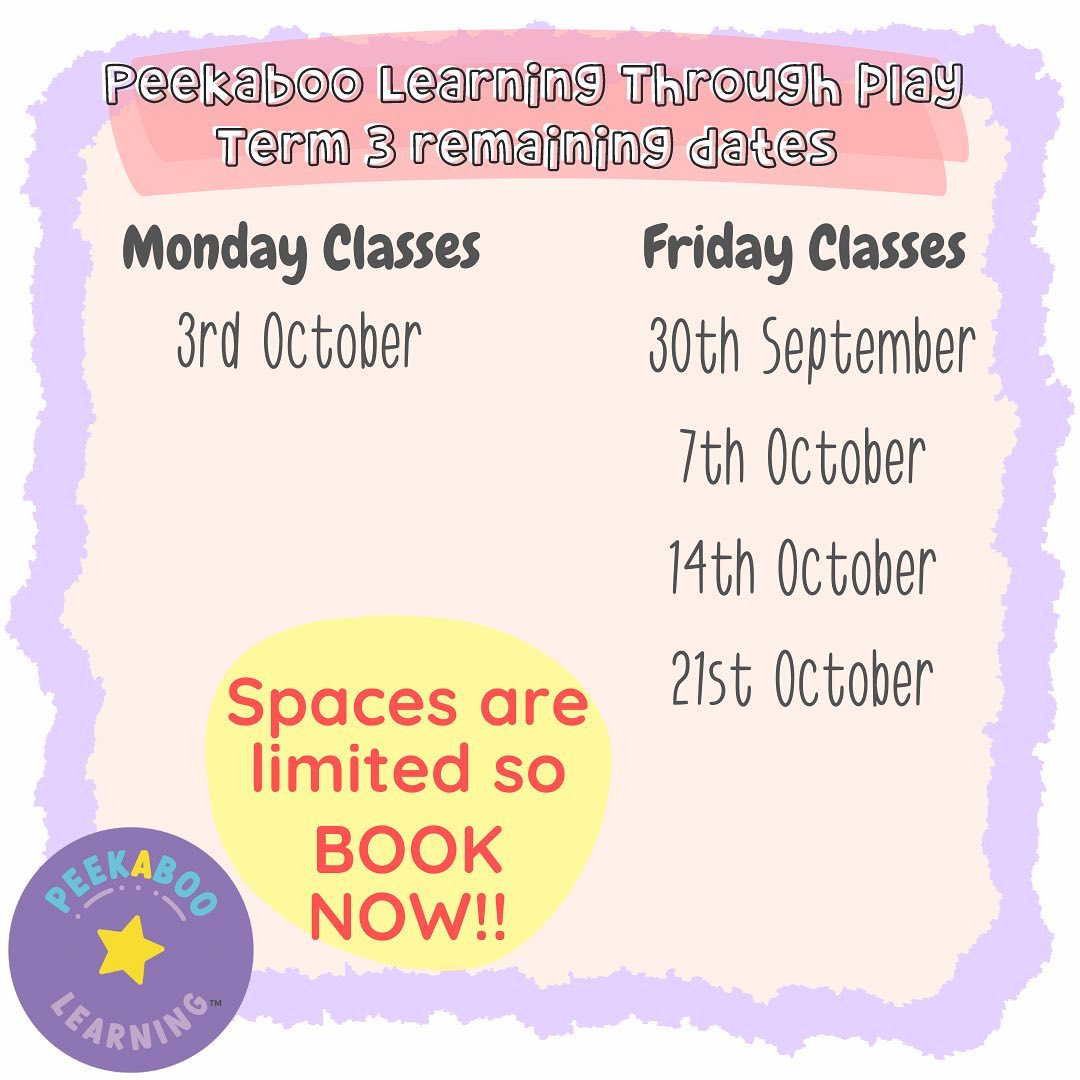 🌟 Learning Through Play Dates
🤗 With term 3 well and truly underway I wanted to share the upcoming classes
⭐️ Please note that there will be no class tomorrow
🎨 Exploring phonics through play, including arts & crafts, messy play, small world and so much more!
💜 Led by experienced former primary school teacher, Gemma
.
.
.
#chigwellmums #eppingmums #woodfordmums #buckhursthillmums #redbridgemums #hainaultmums #loughtonmums #essexmums#wooodfordgreenmums #2yearolds #3yearolds #4yearolds #learningthroughplay #learnthroughplay #learningphonics #primaryteaching #phonicslearning #activitiestodowithkids #creativeplay #makelearningfun #letthemplay #parentsupport