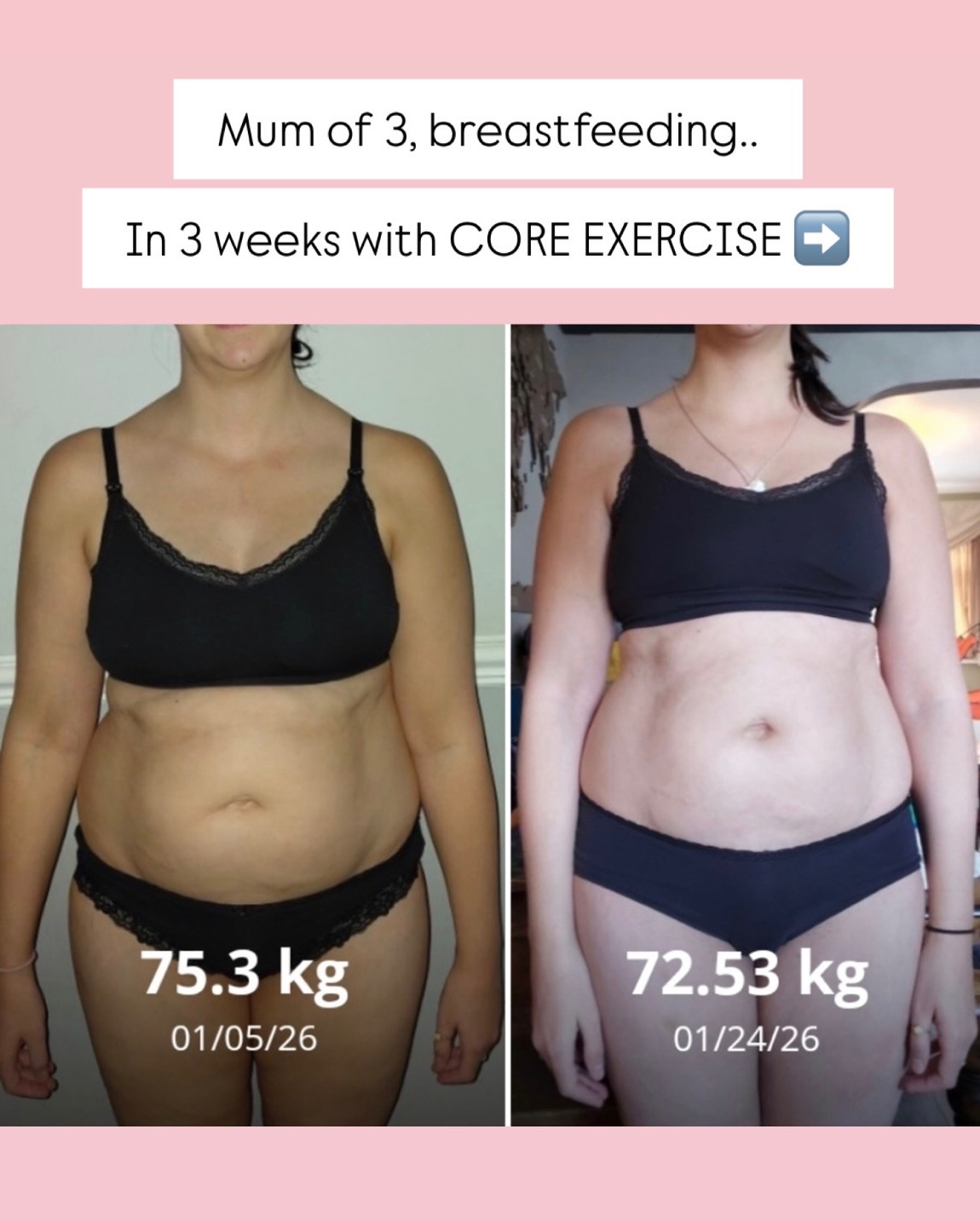 Magic happens for mums on the Core Builder ✨!
This gorgeous mum of 3, Millie, is in the throws of breastfeeding, with 2 older children and literally only started exercising 3 weeks ago, just the Core Builder 🤯🤯!!
Now, she says her ab separation has GONE 😱
She’s lost a ton of inches, her body shape has completely changed and she’s doing moves which she hasn’t been able to since a teenager 💪!!
When you master how to truly engage your core, and then let me support you to stick with it - crazy things can happen !
Gradual progression is made day by day, with the gentle basics on week 1… By week 4 you’re in the momentum of exercise feeling STRONG + like a new person 🫣 (it’s mad!)🔥!!
Once you’ve achieved this, your exercise hits different 🩷
Not to mention the ‘ripple effect’ - you want to eat better, hydrate more and just put YOU first 😭👏
I’m over the moon for this mum 🎉, and ALL of you who take the plunge, my support and TRUST the process 🙏
Sign ups are tomorrow for the Feb program! Head to the link in bio for a chance to grab a space!!! 🩷
Well done Millie… intermediate core builder next 😉🔥
#katesmumfitclub #corestrengthening #corebuilder