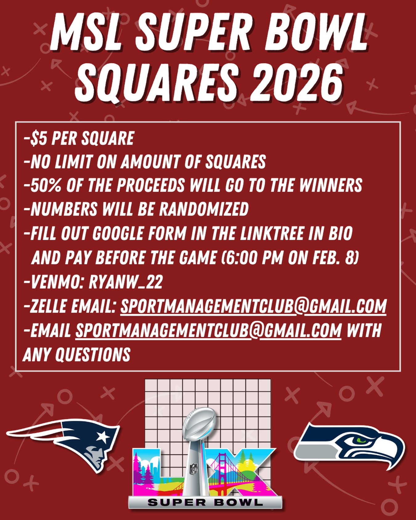 MSL 2026 Super Bowl squares are live!
Sign up using the form in our bio before the game on February 8th!