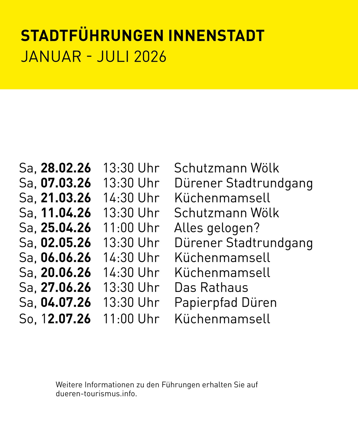 Auf Entdeckungstour in Düren!🔎🧐
-
Von Januar bis Juli 2026 heißt es wieder: Augen auf für spannende Geschichten, überraschende Details und Dürener Highlights. Ob alte Mauern, verborgene Plätze oder spannende Anekdoten, bei unseren Stadtführungen durch die Innenstadt erfährst du mehr, als du denkst. 🚶♂️📖
👉 Mach dich auf den Weg und entdecke Düren mit neuen Augen!
#Stadtführung #KulturInDueren #Innenstadtdueren
