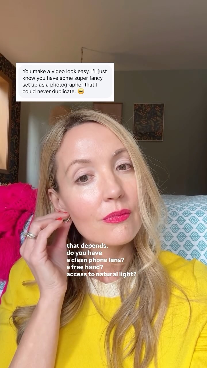 That’s the setup.
Gear is nice, and it absolutely has a time and place. But everything I film is on my iPhone. Same with Photo Club members. No studios No fancy rigs.
And really, the hard part isn’t the tech.
The hard part is having a regulated enough nervous system to actually try and then hit post.
That’s why No Bad Photos exists. It’s the self-paced course that helps you get comfortable being seen before you worry about aesthetics or gear. Start there. Fancy setups can come later, or not 😏.
Follow @thegoldenbrandco for more.
xx 💋 Lisa