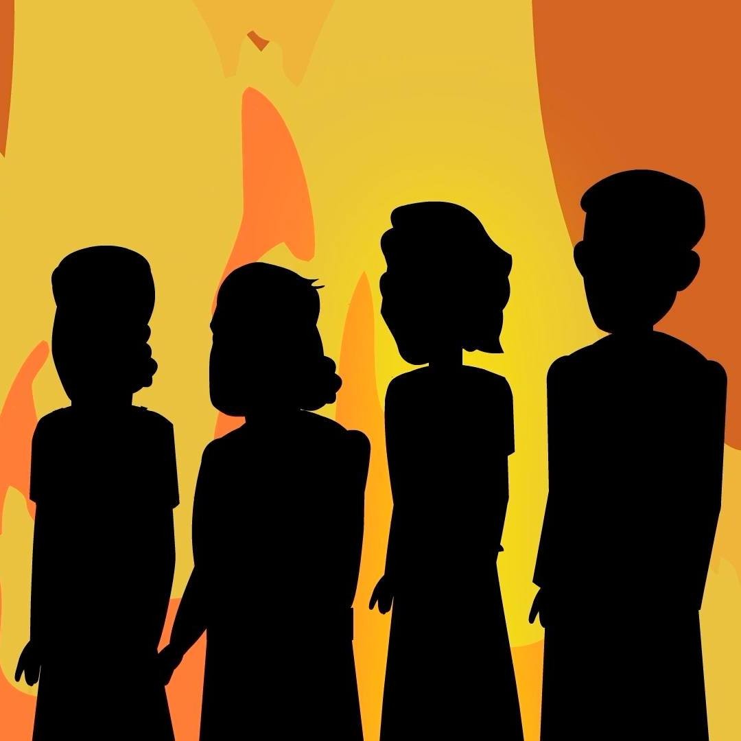 Daníel í ljónagryfjunni átti þrjá vini, þá Sadrak, Mesak og Abed-Negó. Nebúkadnesar lét reisa ristastóra styttu úr gulli, 30 metrar á hæð, sem allir skyldu tilbiðja, annars yrði þeim kastað í logandi ofn. Fólk þorði ekki öðru en að hlíða, allir nema vinirnir þrír. Konungurinn varð brjálaður og vinirnir voru sendir í eldsofninn með allar eigur sínar meðferðis, hvorki tangur né tetur af þeim átti að vera eftir. Hitinn frá ofninum var svo mikill að hermennirnir sem gengu með vinina að ofninum dóu. Þegar konungurinn leit inn í ofninn brá honum í brún því þar sá hann fjóra menn, ekki bara þrjá. Konungurinn kallaði þá á þá og þeir komu heilir á höldnu úr ofninum. Þeir þorðu að óhlýðnast reglum konungs og Guð bjargaði þeim. Nebúkadnesar skyldi þá að þeirra Guð væri hinn sanni Guð, því enginn annar guð gæti frelsað eins og hann. Þeir Sadrak, Mesak og Abed-Negó voru hækkaðir í tign.