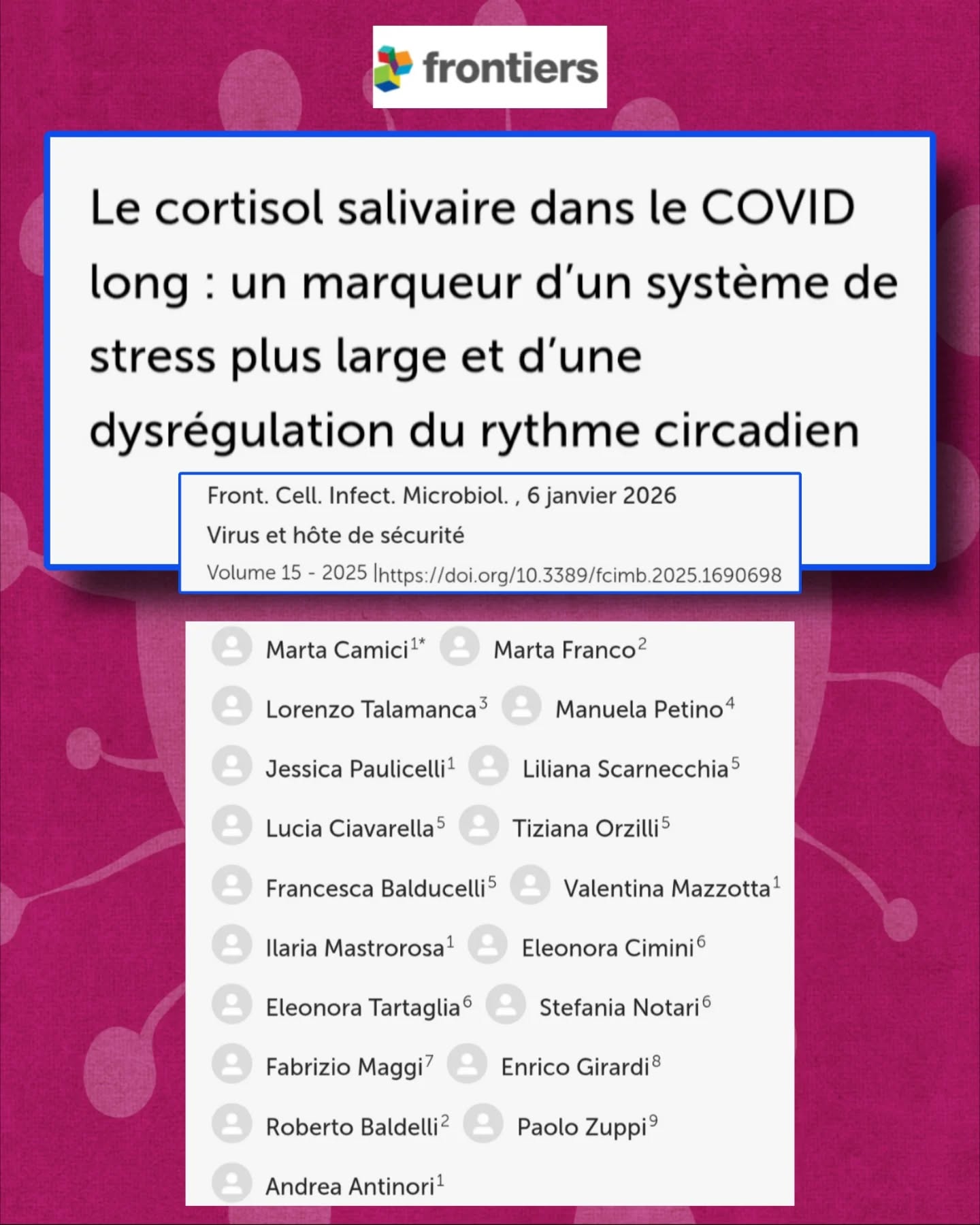 🧵Covid Long & cortisol : quand le rythme du stress se dérègle
🧠Le #CovidLong est souvent associé à une fatigue intense, des troubles cognitifs et une dysautonomies.
Cette étude explore une piste centrale : le rythme circadien du cortisol.
🔬 Problème :
Les dosages sanguins de cortisol donnent des résultats contradictoires.
👉 Hypothèse : le problème n’est pas le taux, mais le rythme.
📍Étude prospective (Rome, 2023–2024)
🧑🤝🧑 96 participants post-SARS-CoV-2
- #CovidLong (modéré/sévère)
- Post-COVID asymptomatiques
- Témoins sains
🧪Méthode clé :
👉Cortisol salivaire mesuré à 8h, 15h et 23h
➡️ Permet d’évaluer la dynamique réelle de l’axe du stress (HPA).
🌅Résultat #1
Les patients #CovidLong ont un cortisol matinal plus bas que les témoins sains.
➡️Disparition du pic physiologique du matin.
🌙Résultat #2
Le cortisol est plus élevé le soir et la nuit, surtout dans les formes sévères.
➡️La chute nocturne normale disparaît.
📉Résultat 3
👉Amplitude circadienne aplatie
Le cortisol varie beaucoup moins sur la journée après une infection au SARSCoV2.
🧠Cortisol sanguin :
❌Pas de différence majeure entre groupes
✔️Mais ACTH significativement plus élevée chez les patients CovidLong.
➡️Interprétation :
Activation hypophysaire compensatoire=Possible résistance ou dysfonction surrénalien.
⚠️Signal clinique :
1 patient CovidLong diagnostiqué avec une insuffisance surrénalienne vraie après test ACTH.
🧬Les autres hormones (thyroïde, DHEAS, testostérone, vitamine D) sont globalement normales.
➡️ Atteinte ciblée de l’axe du stress.
🔥Inflammation persistante
IL-8 et NLRP3 sont augmentées chez les patients CovidLong et postCOVID asymptomatiques.
🩸Dysfonction endothéliale
ICAM-1 et VCAM-1 sont plus élevées chez les patients CovidLong.
➡️ Signature vasculaire chronique.
🔁Pourtant, peu de différences biologiques entre CovidLong et postCOVID asymptomatiques.
➡️Ce sont les symptômes et leur sévérité qui font la différence.
🧠Mécanismes possibles :
- Atteinte directe des surrénales
- Persistance virale
- Inflammation chronique
- Dysautonomie (POTS, intolérance orthostatique)
⏬Suite en commentaire⏬