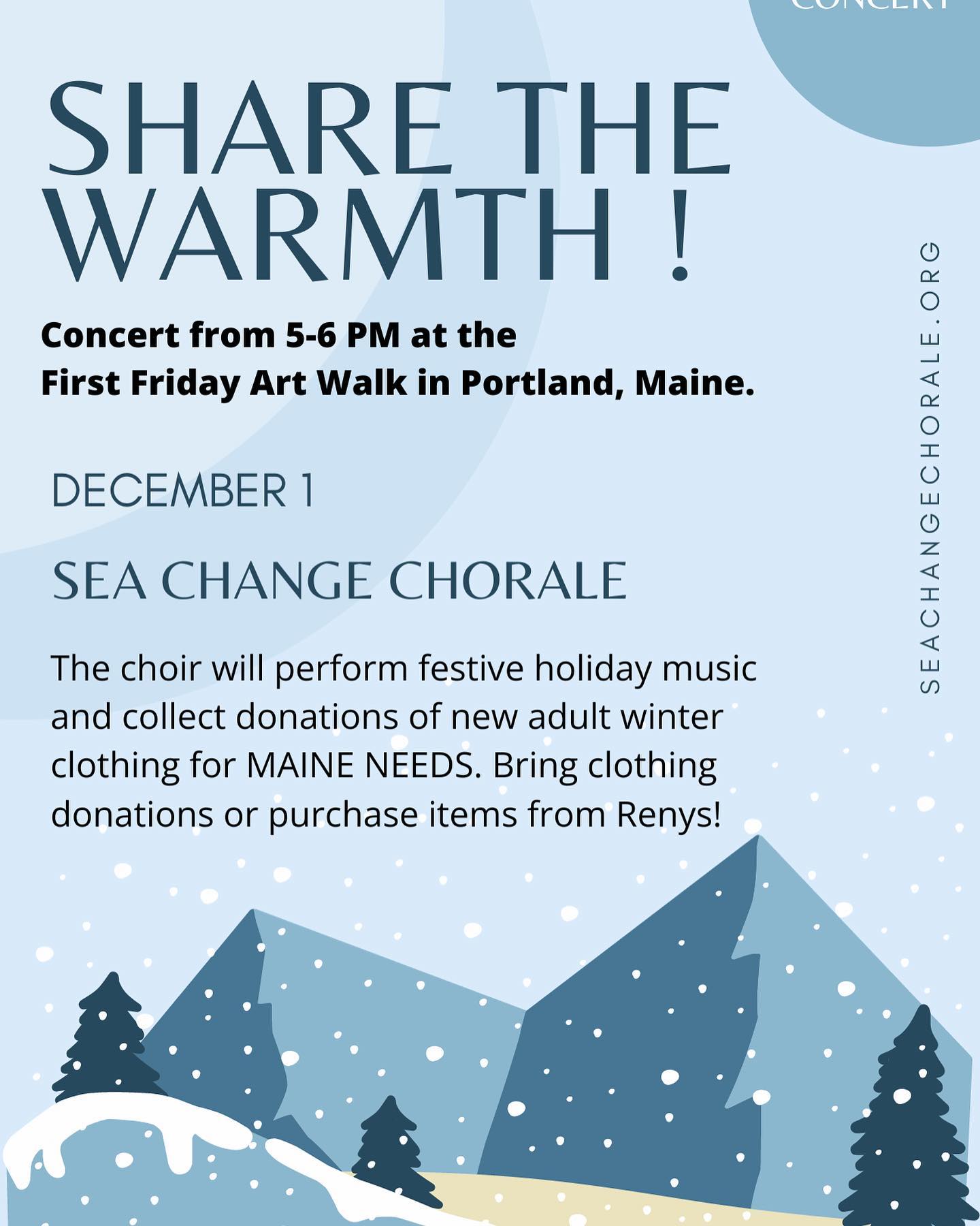 Join us for December’s First Friday Art Walk outside of @renysamaineadventure on Congress Street! Stay for a Carol or two and donate warm items to @maineneeds 🎶