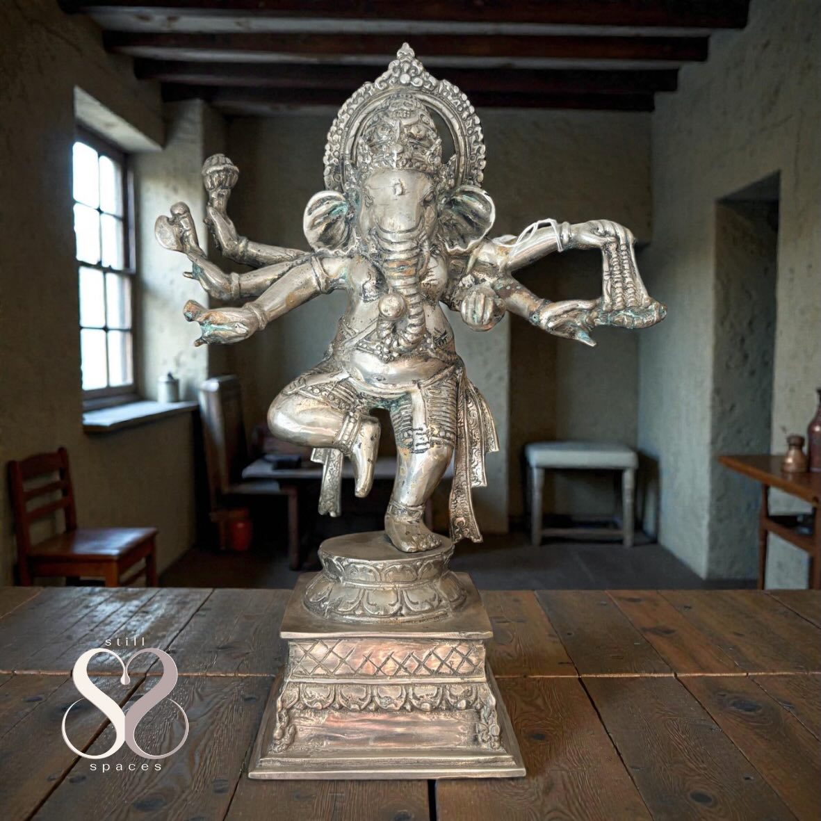 Ganesh, the remover of obstacles and patron of new beginnings, watches over our craft with wisdom and grace. A silver Ganesh statue in the home or studio reflects calm, focus, and reflection—its luminous surface inviting clarity and mindful intention as creativity flows. Place him where he can greet every new project, keep the space serene, and let the patina of time remind us that progress shines through steady devotion. #stillspaces_ #ganesh #homedecor