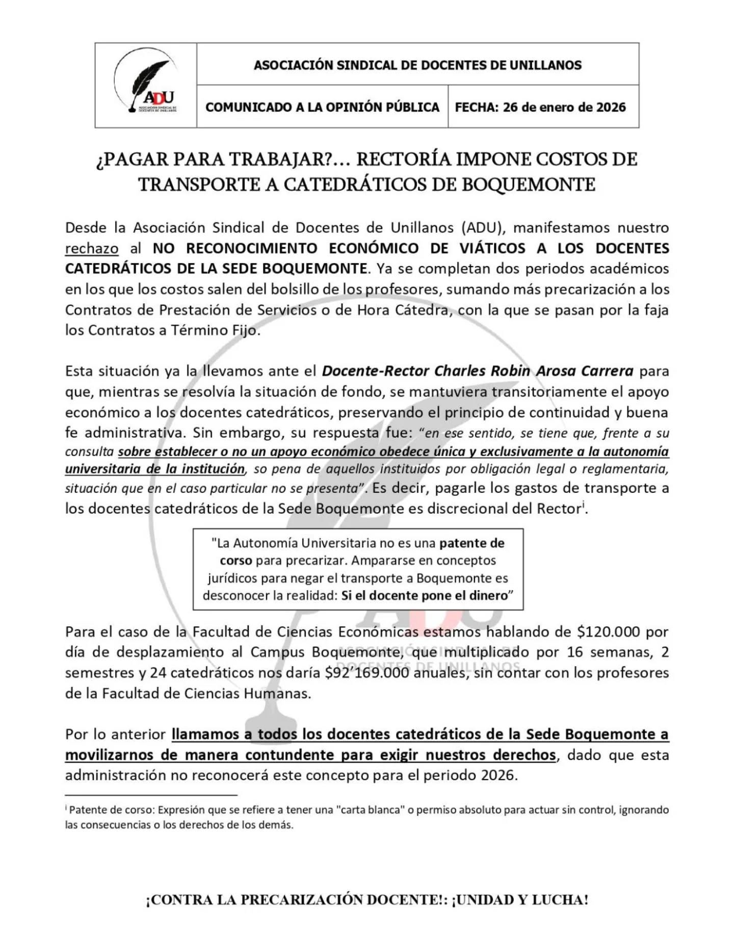 Rechazamos el no reconocimiento de viáticos y transporte impuesto por la rectoría de Unillanos.
❌ No a la precarización laboral.
✊ Unidad y defensa de nuestros derechos.