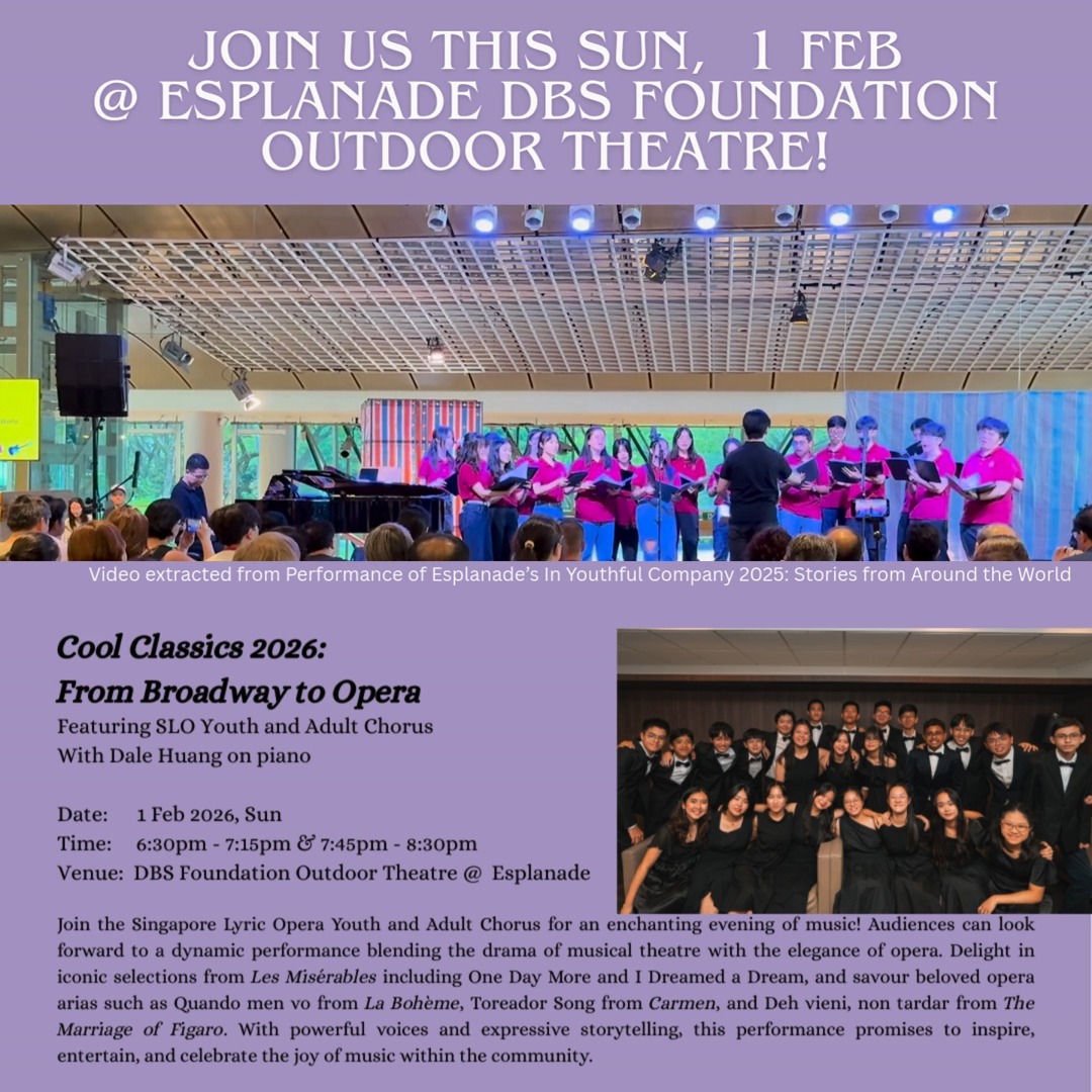 🎶 Sigulempong — a moment from last April ✨
Performed by the SLO Youth Chorus, conducted by Terrence Toh, with Dale Huang on piano.
This Sunday, join us at Esplanade for Cool Classics 2026: From Broadway to Opera, featuring the Youth Chorus with selected members of the Adult Chorus.
📅 1 Feb | ⏰ 6:30pm & 7:45pm
📍 Esplanade Outdoor Theatre
🎟 Free admission
#SingaporeLyricOpera #LiveMusicSG #OperaForAll #EsplanadeSG #CommunityArts