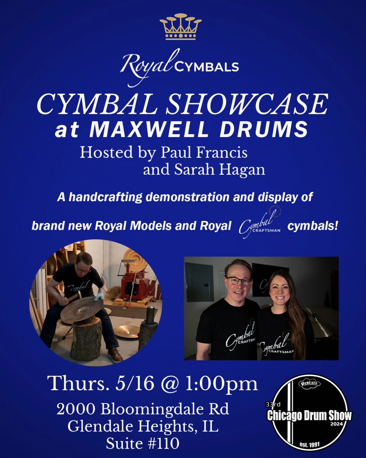 Next week! We're kicking off the 2024 Chicago Drum Show with @royalcymbalcompany at our shop! They'll be showcasing their handiwork and showing off their new Royal Splash Cymbals, Cymbal Craftsman EAK-style models, and more! Come on out!
.
.
#royalcymbals #cymbalcraftsman #chicagodrumshow #cymbals #showcase