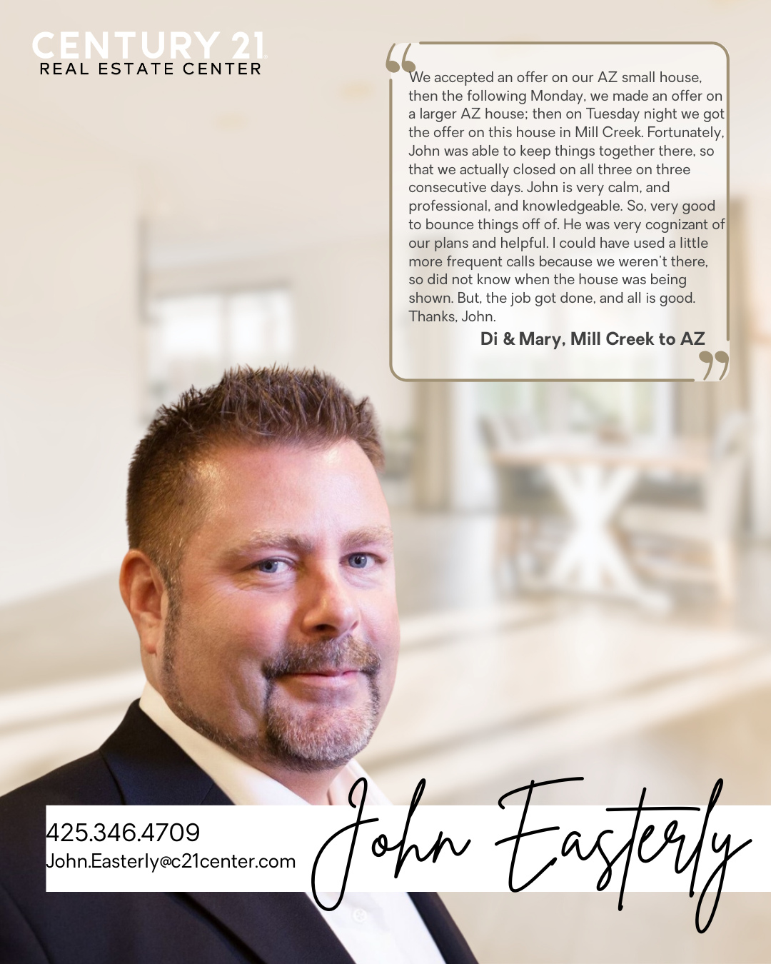 When three closings happen in three days, you know you're in good hands. 👏 Great work, John!
#ClientSuccess #MillCreekRealEstate #JohnEasterly #CENTURY21REC