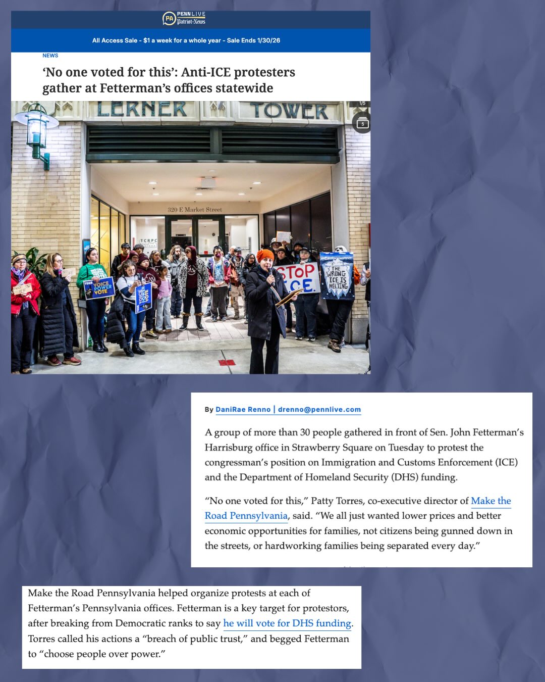 Harrisburg showed up to tell @SenFettermanPA: NO MORE MONEY FOR ICE! ICE is killing people, and Congress is funding it. @SenFettermanPA can stop this now by cutting the money. LET HIM HEAR YOU!
📲 Text ICE OUT to 25463
☎️ Call (202) 224-4254 and tell Sen. Fetterman to vote NO on DHS money for ICE