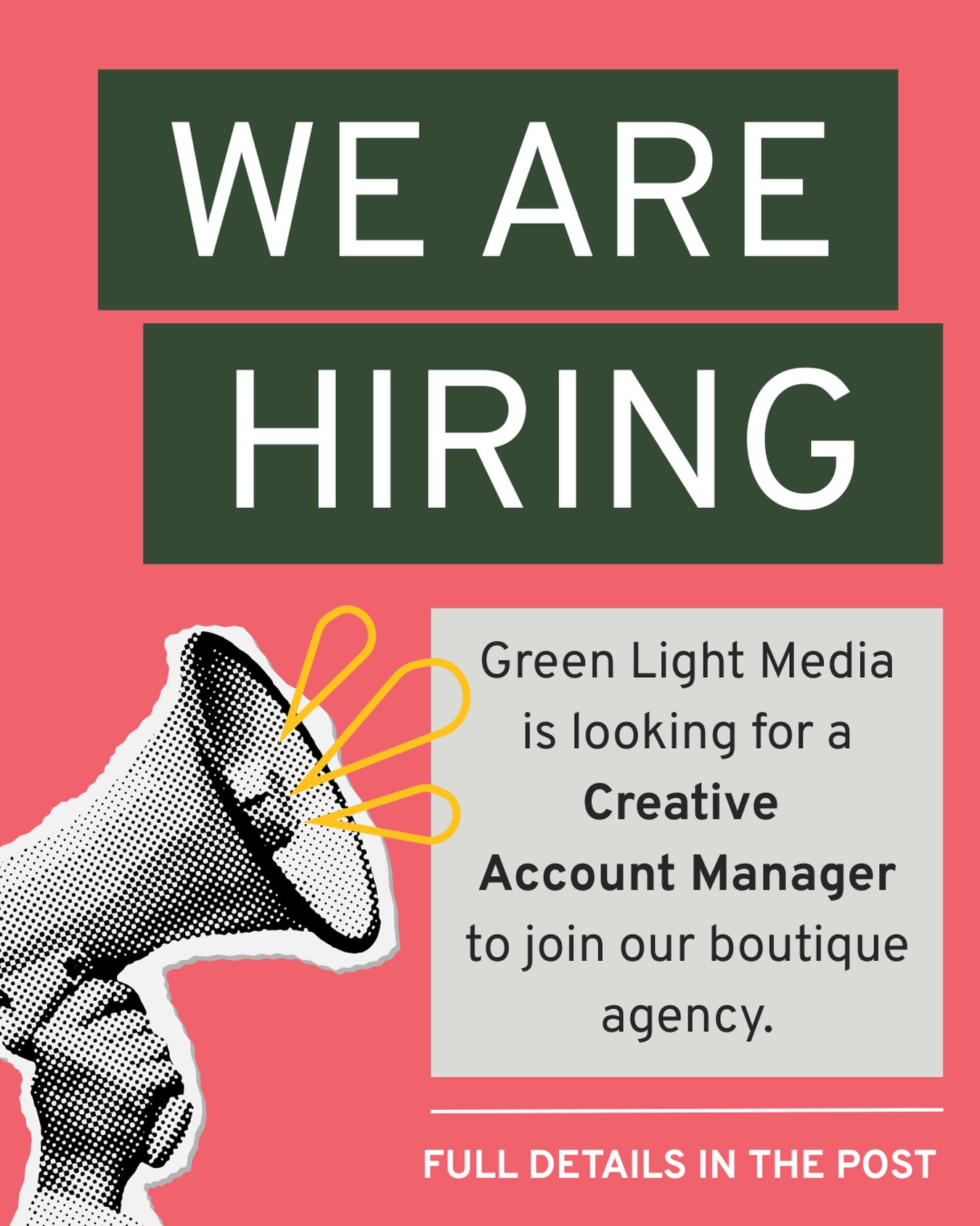 🦄 WE ARE HUNTING FOR A UNICORN/Creative Account Manager
Location: Paarl (Hybrid)
Are you a strategic thinker with a creative soul? Do you see the world in “content” and have the drive to make brands shine? Green Light Media is looking for a multi-talented Creative Account Manager to join our boutique team.
We don’t just manage accounts; we build brands. If you are a “people person” who happens to be obsessed with great copy and aesthetic visuals, you might be the unicorn we are looking for.
What you’ll do:
* Be the Face: Liaise with our amazing clients, building relationships and bringing a “can-do” energy to every meeting.
* Strategise & Grow: Don’t just follow a plan, create it. You will brainstorm fresh, exciting ideas to boost social reach and drive real business growth.
* Content King/Queen: You have a laser-focused eye for detail. You will be writing sharp copy and creating cool, engaging social posts that stop the scroll.
* Own Your Space: You are a self-starter who manages time like a pro, whether you are in the office or working from home.
What we’re looking for:
* Creative Excellence: You have a natural eye for design and a way with words. (Bonus points if you have Graphic Design skills!)
* The “Can-Do” Spirit: You are a natural problem solver who loves working with people.
* Independence: You can take a brief and run with it without needing your hand held.
* Social Savvy: You know what makes an audience engage and how to turn a brand into a community.
* The Logistics: This is a permanent hybrid role. You will need to be with us in our Paarl office 2 to 3 days a week.
Agency experience is a plus, but if you have the talent and the drive, we want to hear from you regardless!
Ready to give us the Green Light?
📩 To Apply: email nicola@greenlightmedia.co.za with your CV or portfolio
#Hiring #GreenLightMedia #PaarlJobs #MarketingJobs #CreativeAccountManager